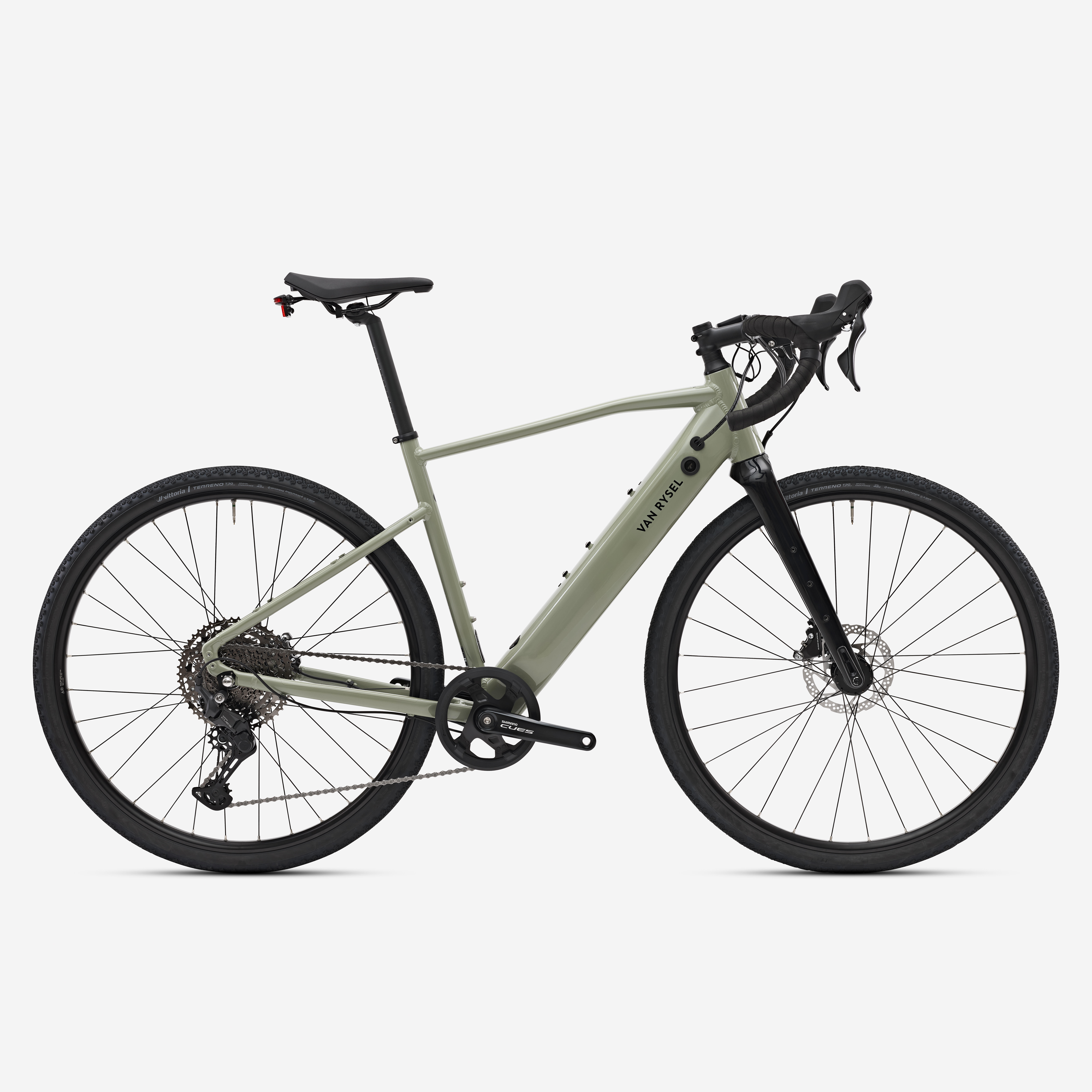 Decathlon UK VAN RYSEL Shimano Cues 1x11 - E-grvl Af Discover Electrical Gravel Bike - Khaki | FREE Click & Collect at Stores and Asda. 365 Days return available.