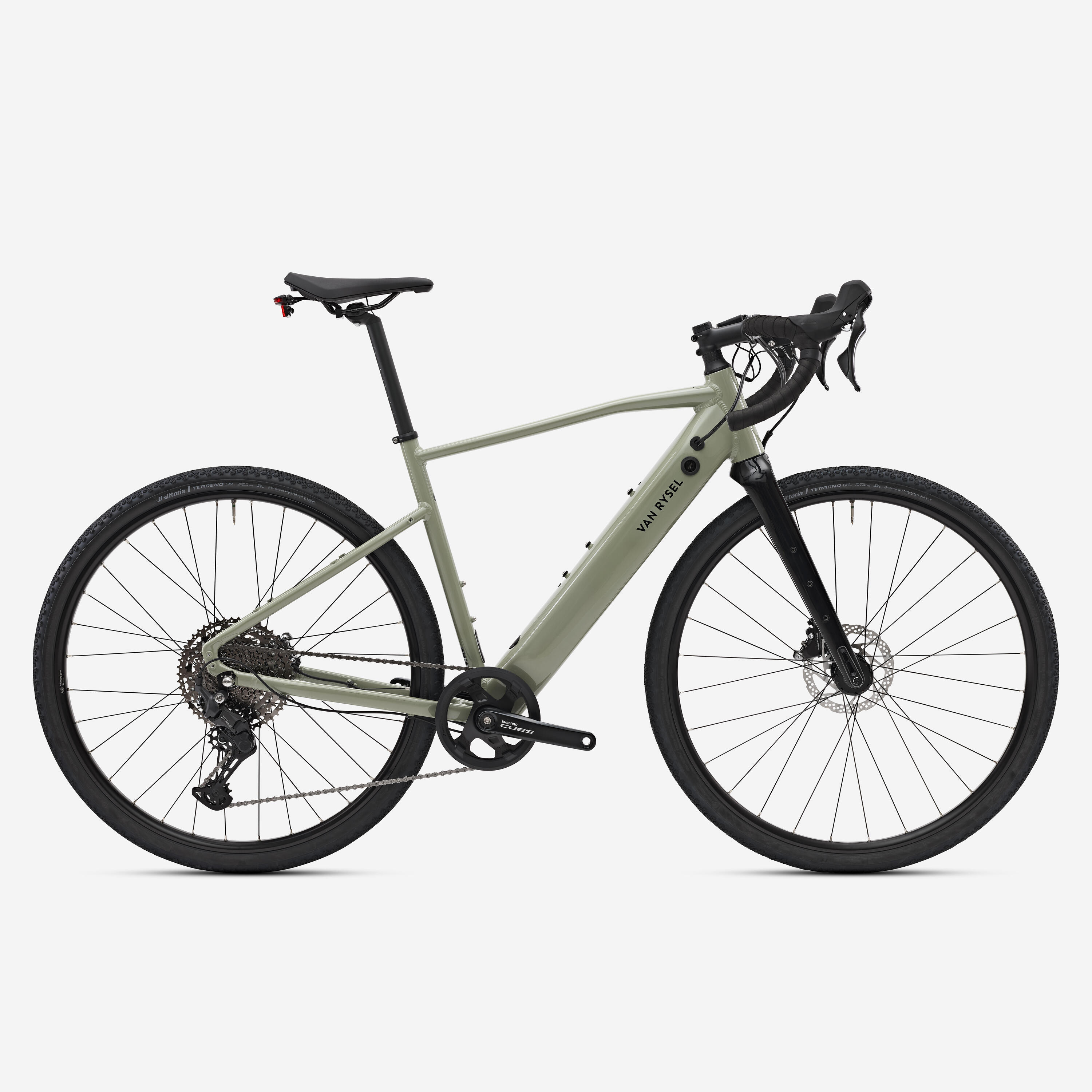 VAN RYSEL Vélo gravel électrique Shimano Cues 1x11v, E-GRVL AF Discover kaki