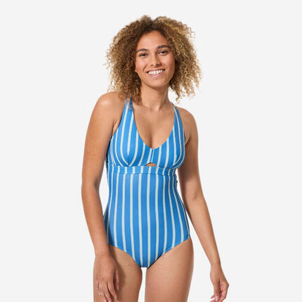 Maillot de bain 1 pièce rayé surf femme, Agatha Capri bleu et blanc