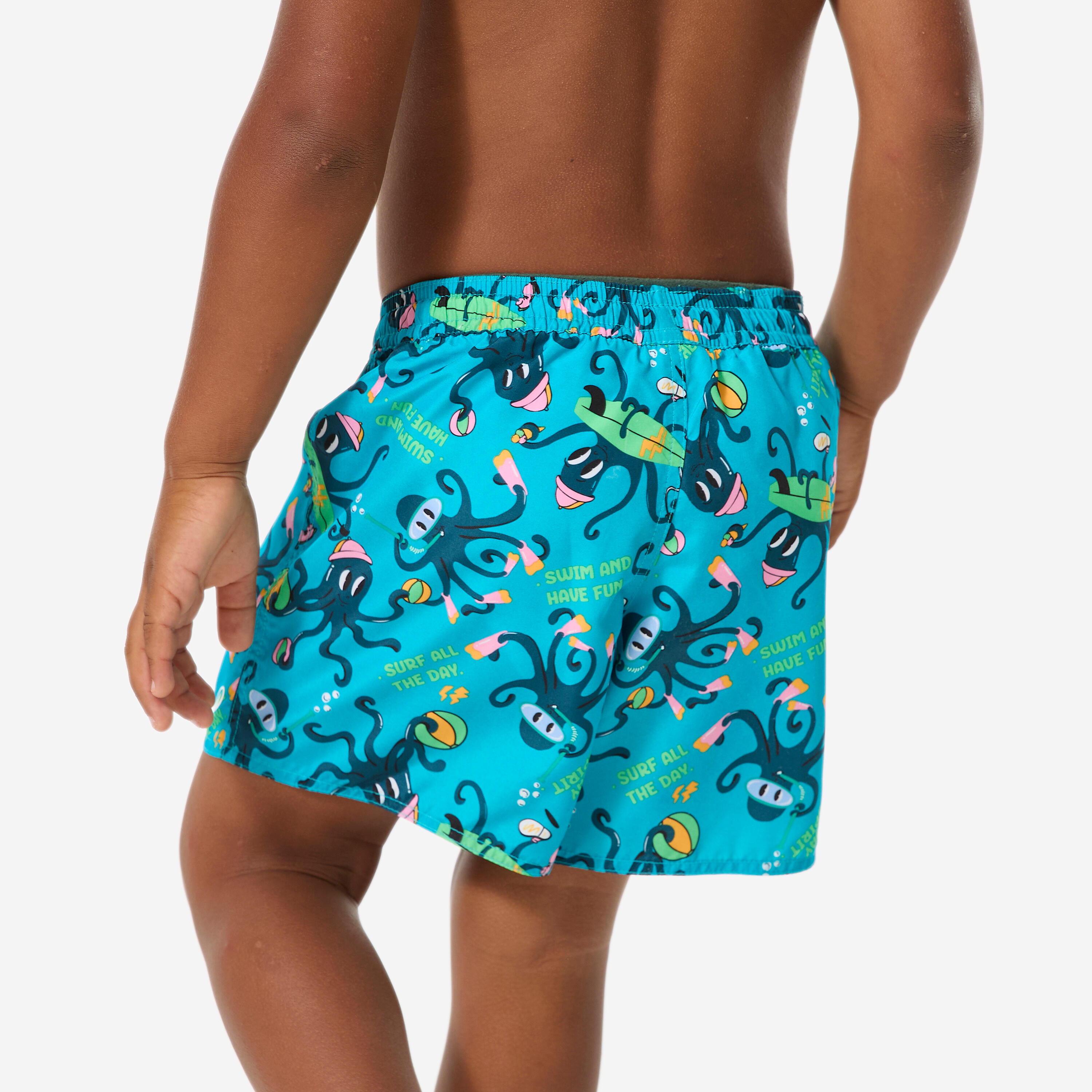 DECATHLON Detské plážové šortky 100 Fun tyrkysové 4-5 r (103-112 cm) · záber 4