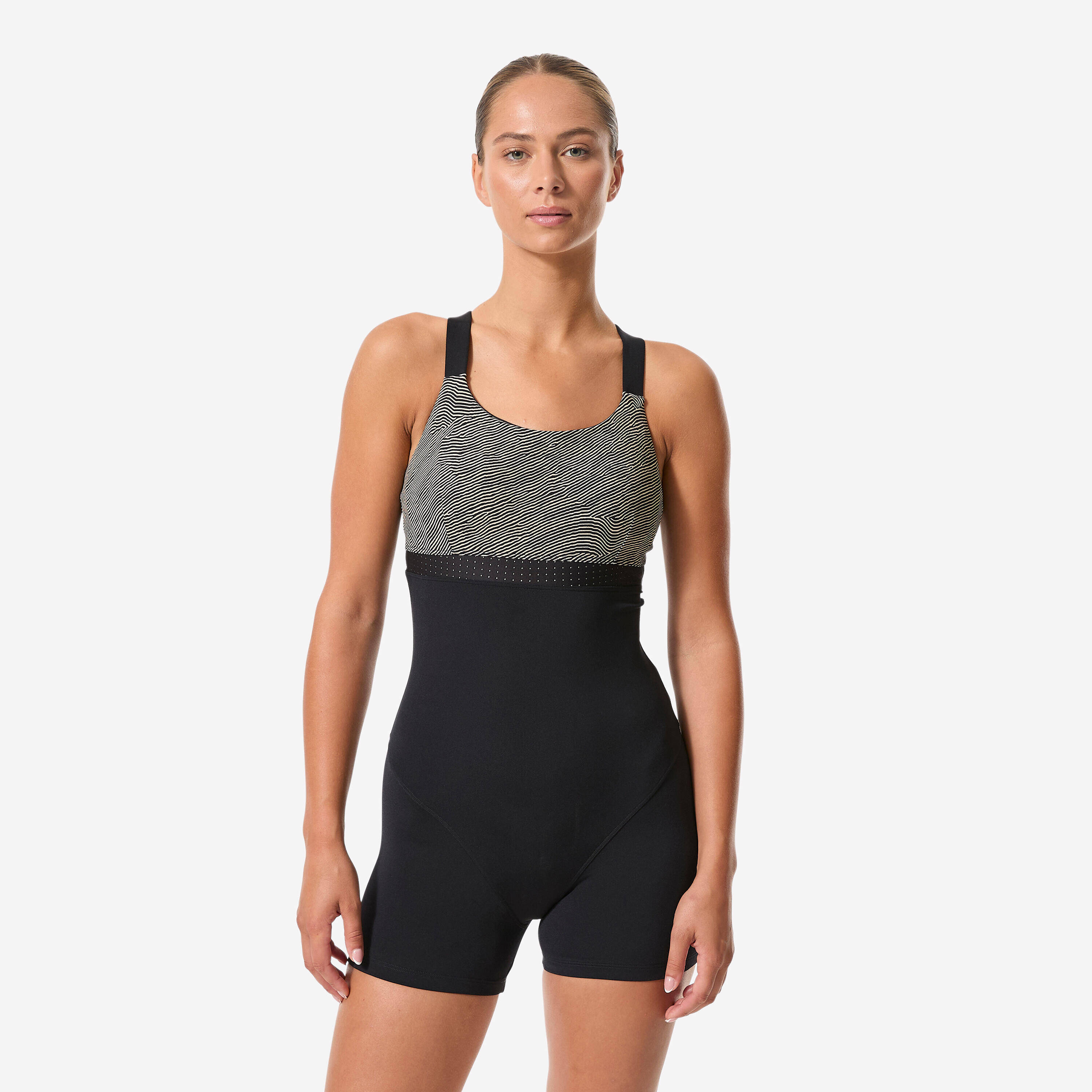 W 1P swimsuit aquafitness and aquabiking, shorty style, Elea Sono black beige -  1