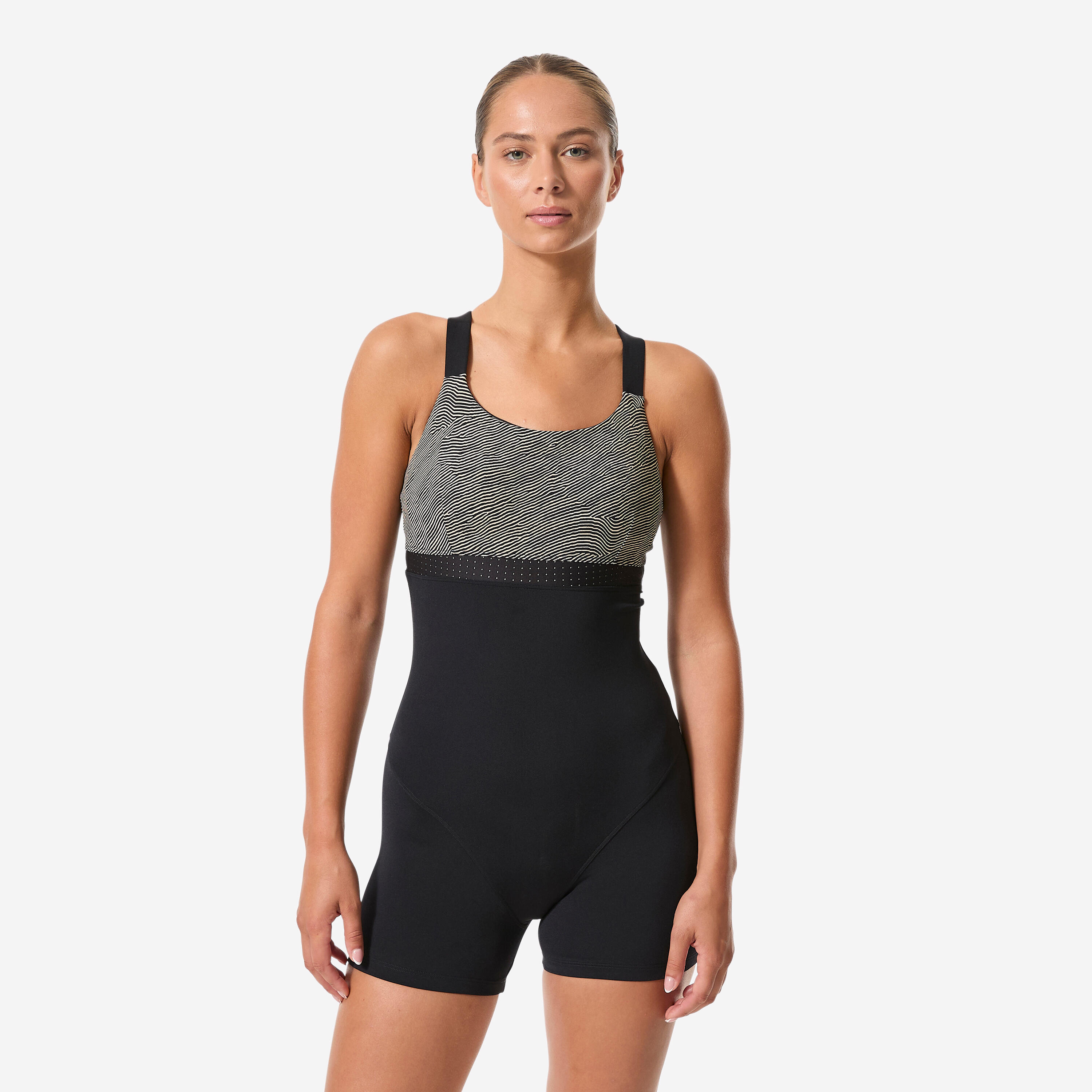 W 1P swimsuit aquafitness and aquabiking, shorty style, Elea Sono black beige