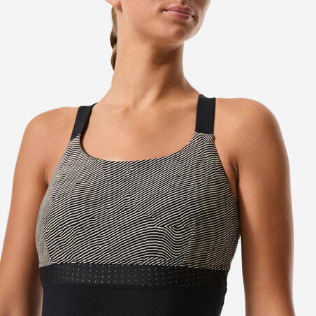 Купальник суцільний жіночий з шортами для аквафітнесу чорний/бежевий