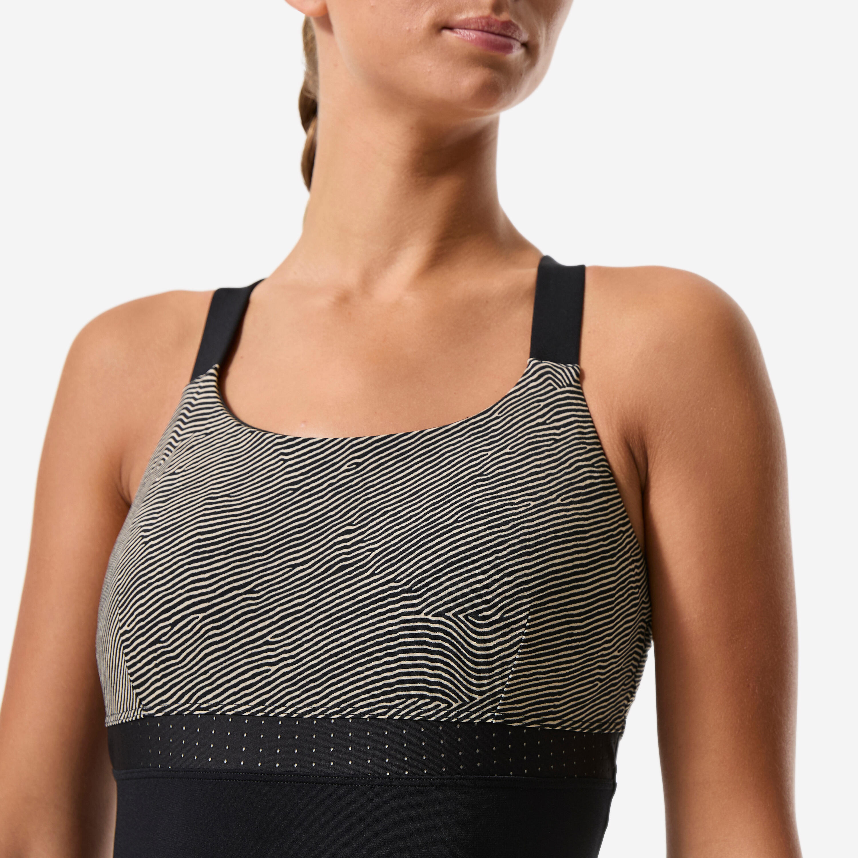 Maillot de bain 1 pièce aquagym aquabike shorty femme, Elea sono noir beige 5/9