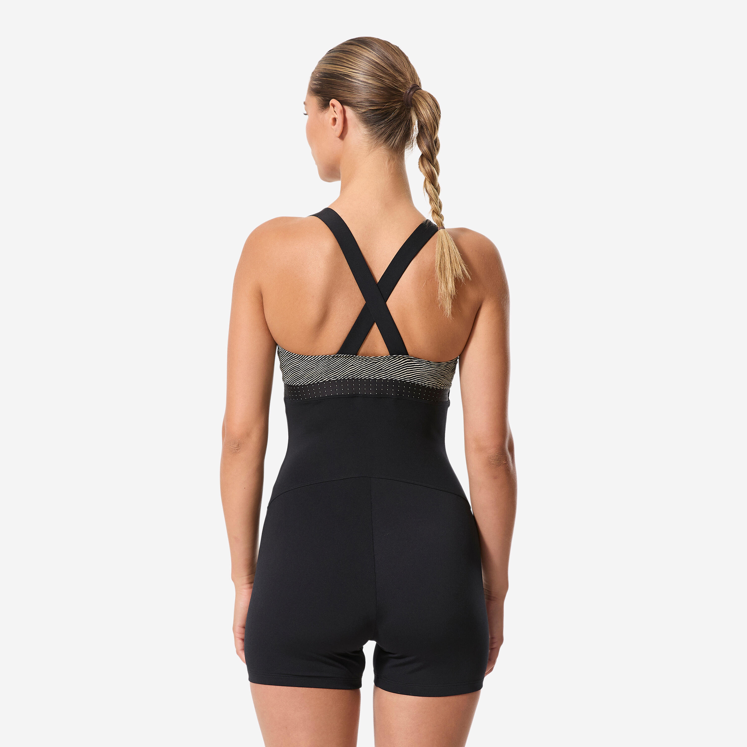 Maillot de bain 1 pièce aquagym aquabike shorty femme, Elea sono noir beige 4/9