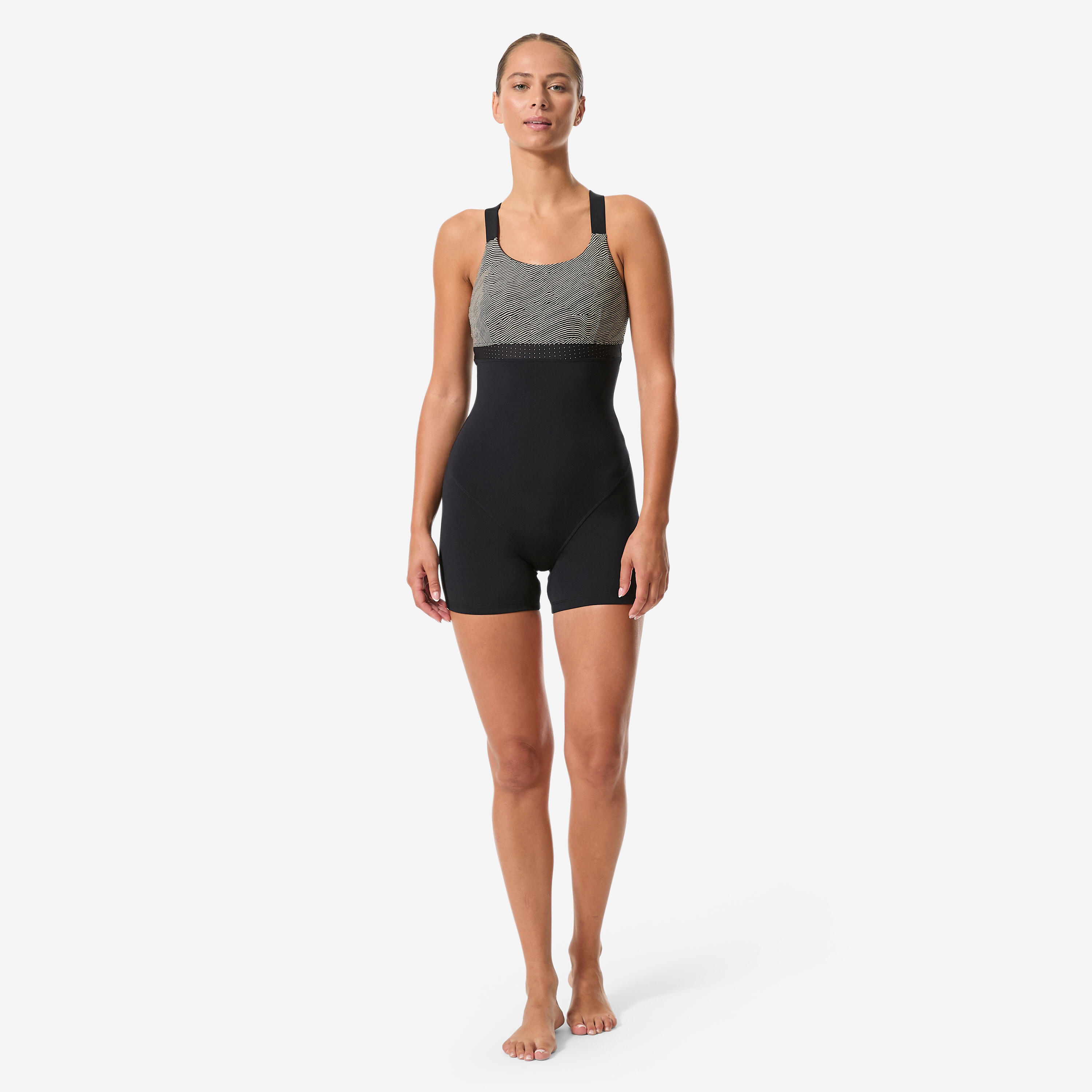 Maillot de bain 1 pièce aquagym aquabike shorty femme, Elea sono noir beige 2/9