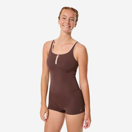 Maillot de bain 1 pièce natation shorty femme, Heva zip marron