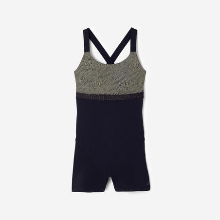 Купальник суцільний жіночий з шортами для аквафітнесу чорний/бежевий