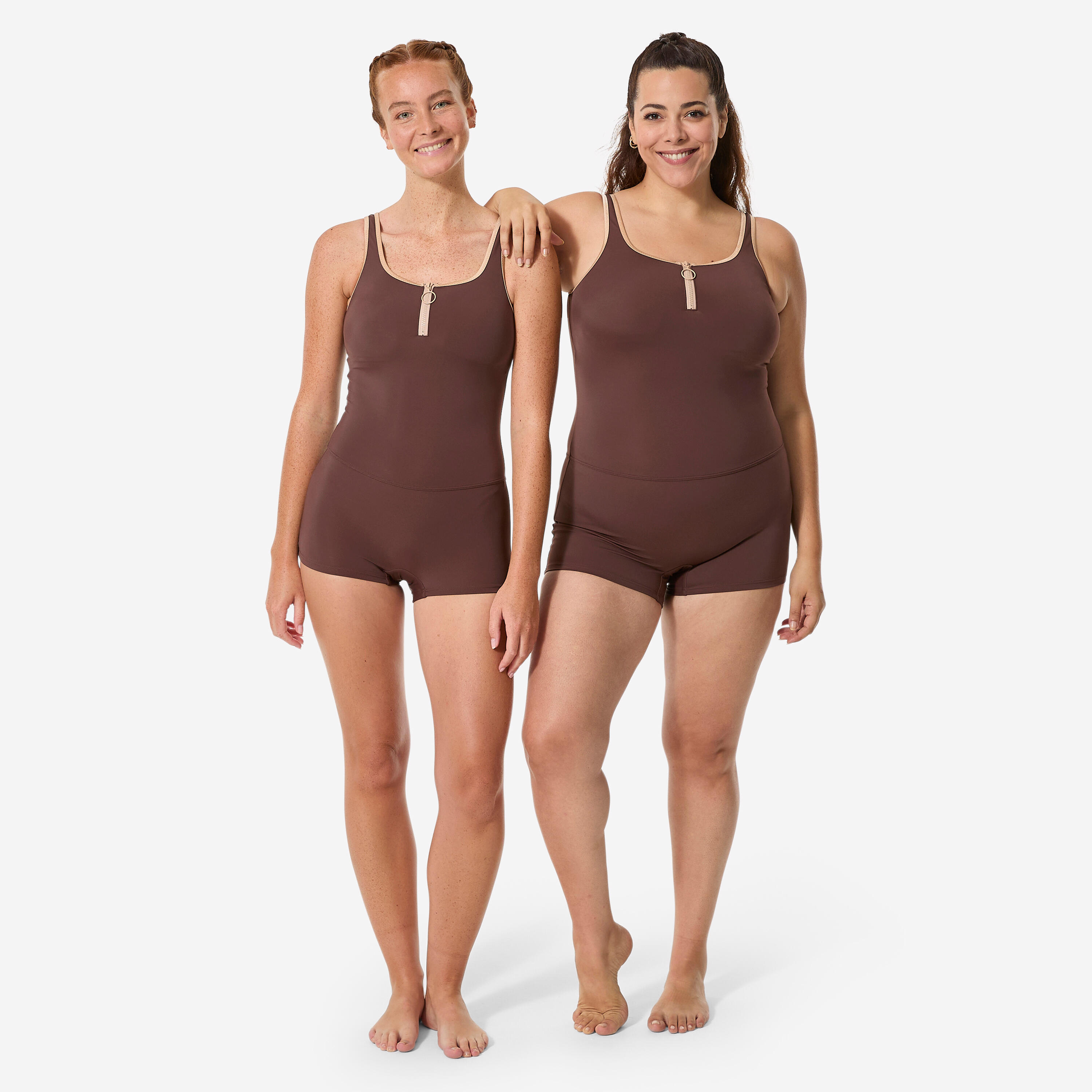 DECATHLON Dámske jednodielne plavky Heva šortkové na zips hnedé 2XL · záber 3