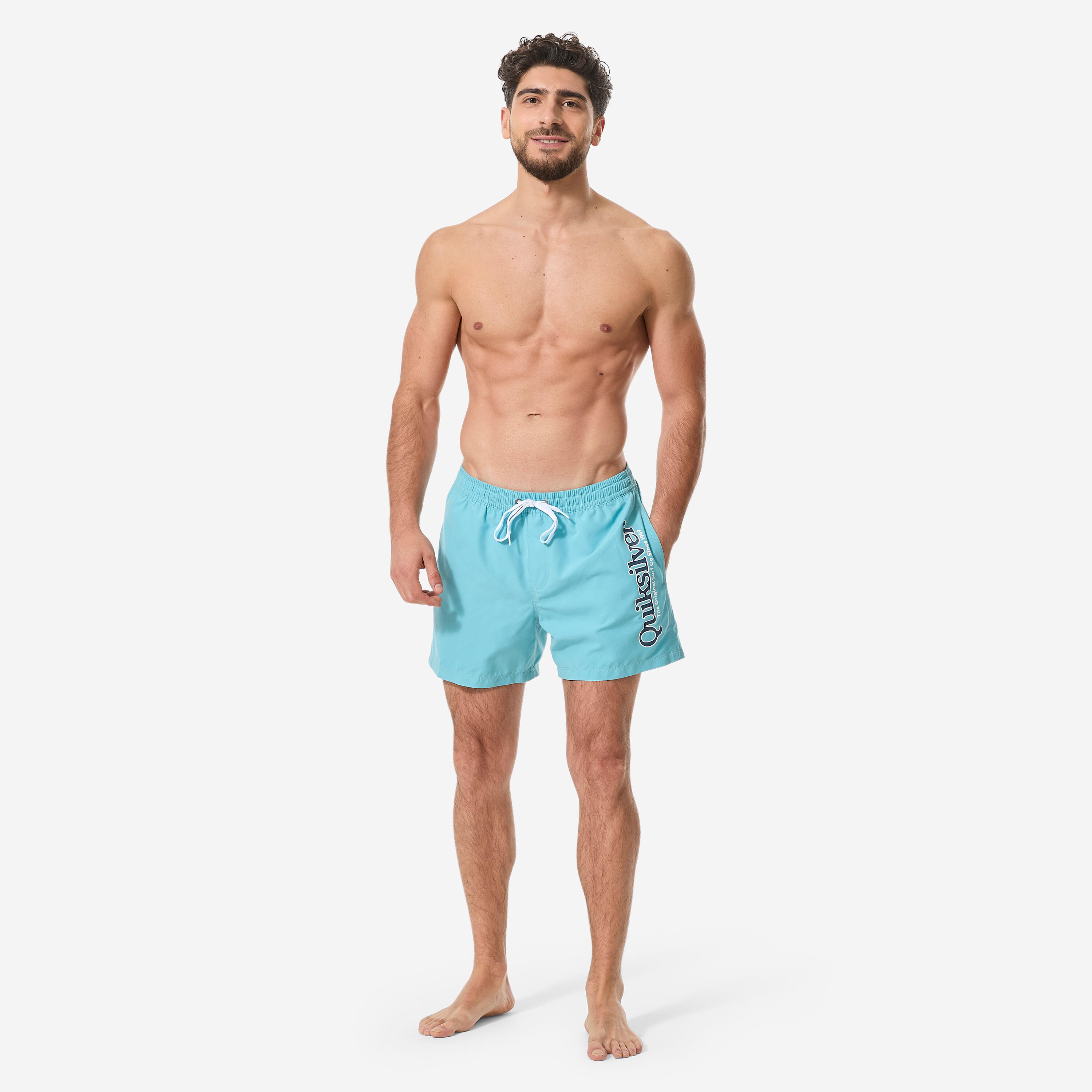 Korte boardshort 15" voor surfen elastische tailleband blauw 2/8