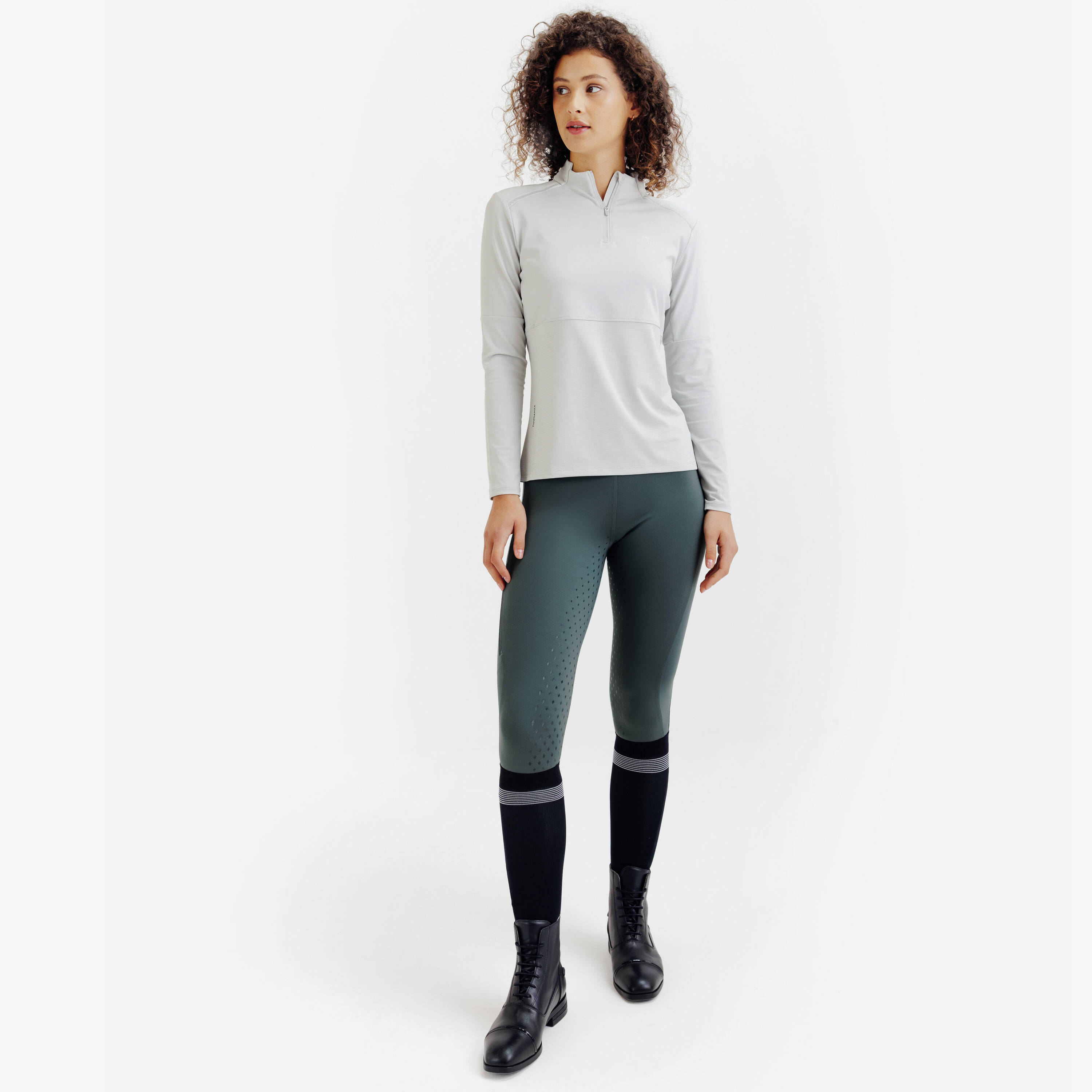 Women Long-Sleeved Horse Riding UV Polo Shirt - Light Grey -  2