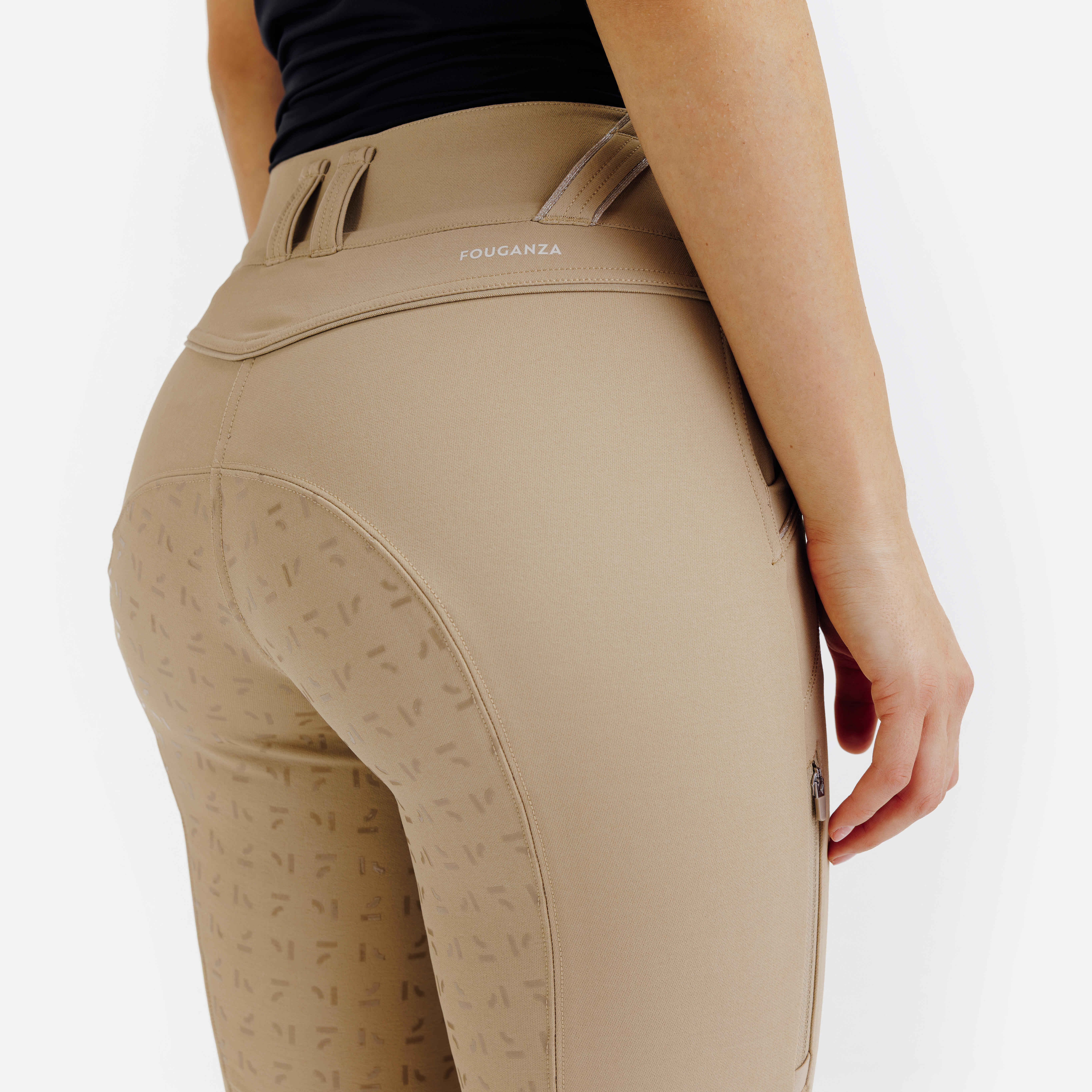 FOUGANZA Dámske jazdecké nohavice 900 fullgrip béžové L · záber 7