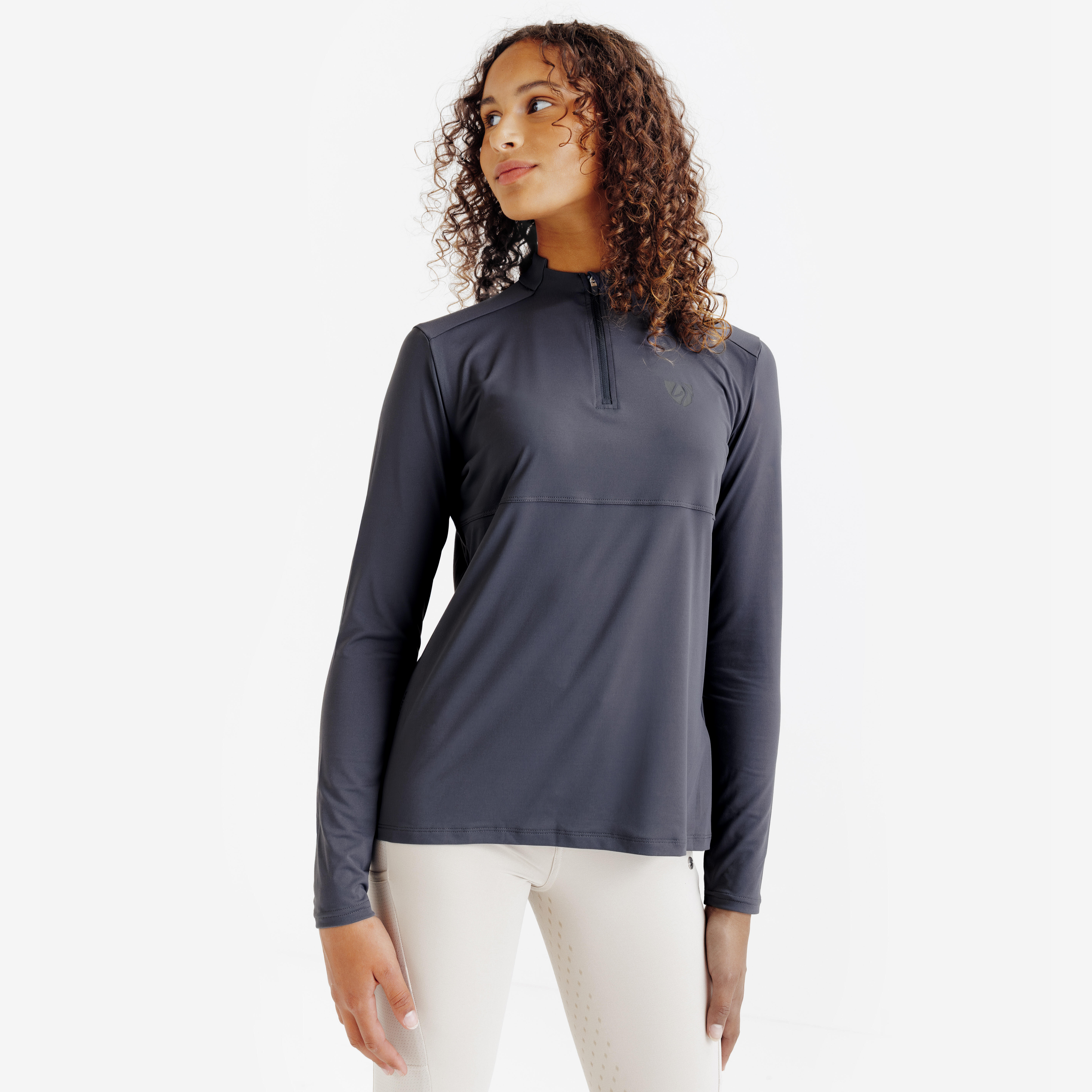 Kids' Long-Sleeved Horse Riding UV Polo Shirt Club - Slate Grey