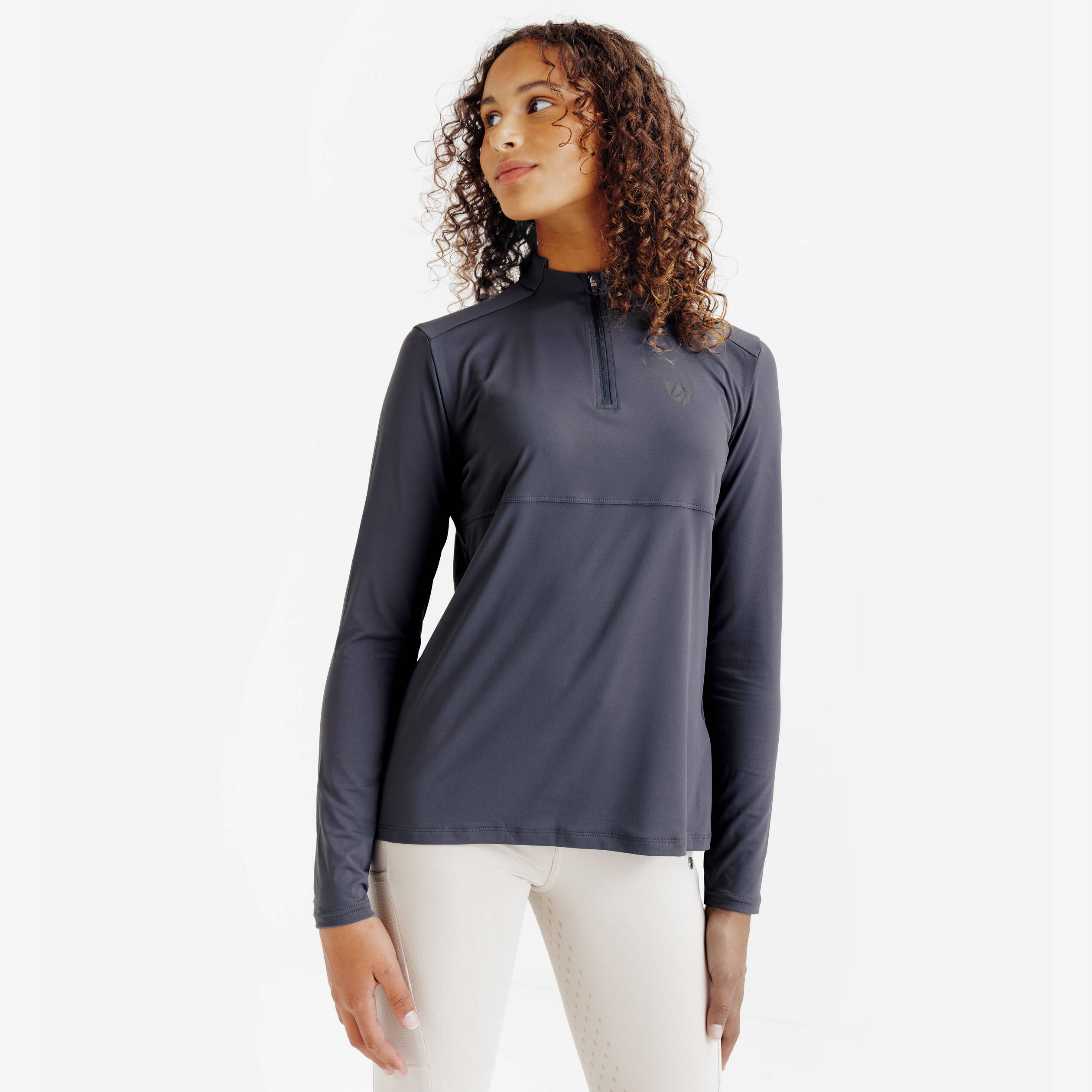 Kids' Long-Sleeved Horse Riding UV Polo Shirt Club - Slate Grey