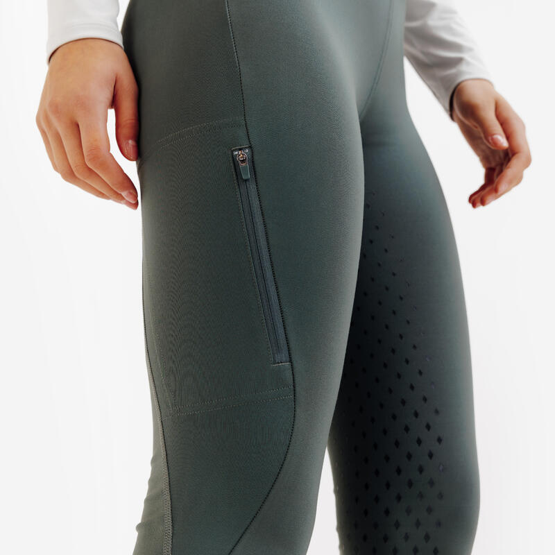 Colanți echitație 500 Full Grip Verde Damă