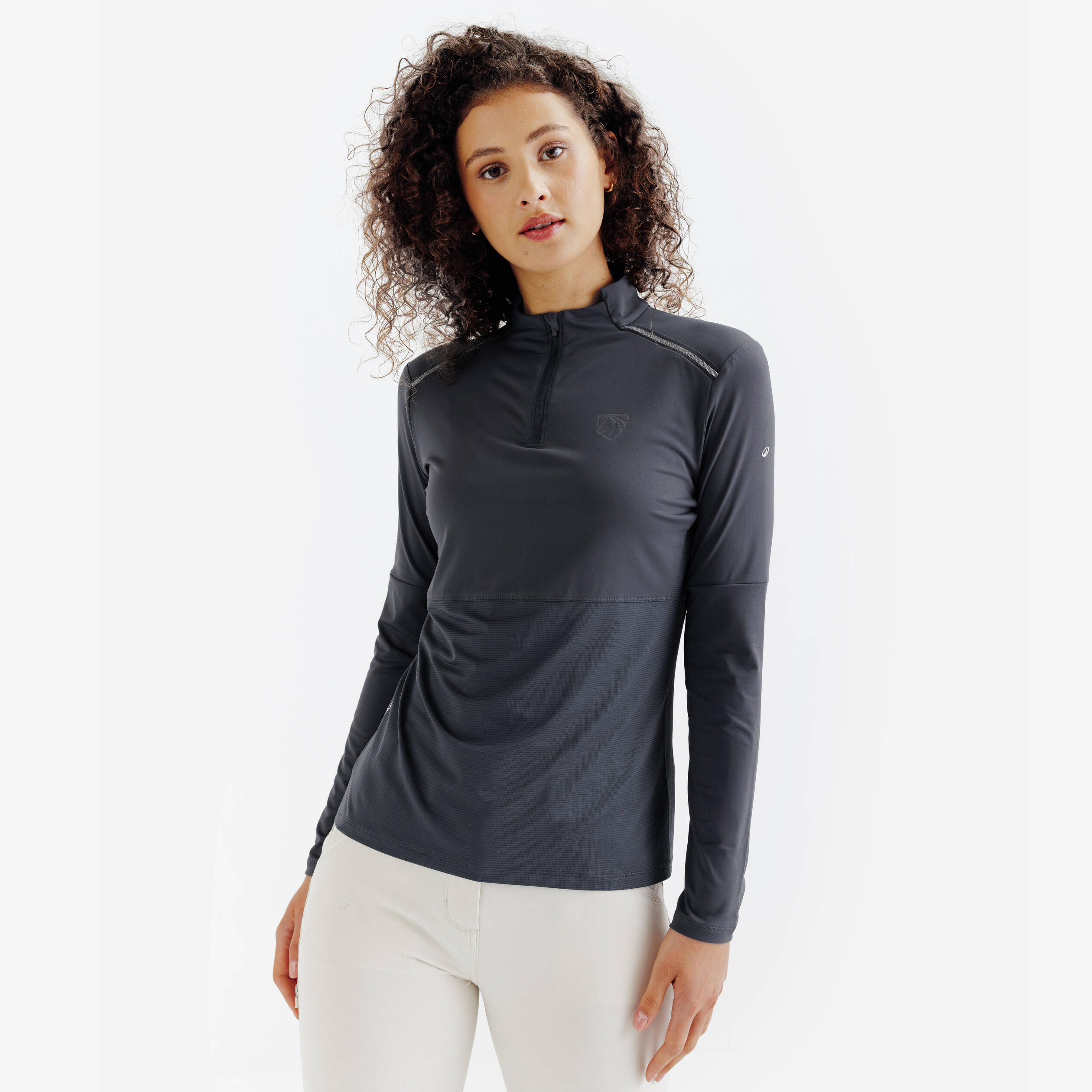 Women's Long-Sleeved Horse Riding UV Polo Shirt - Dark Grey