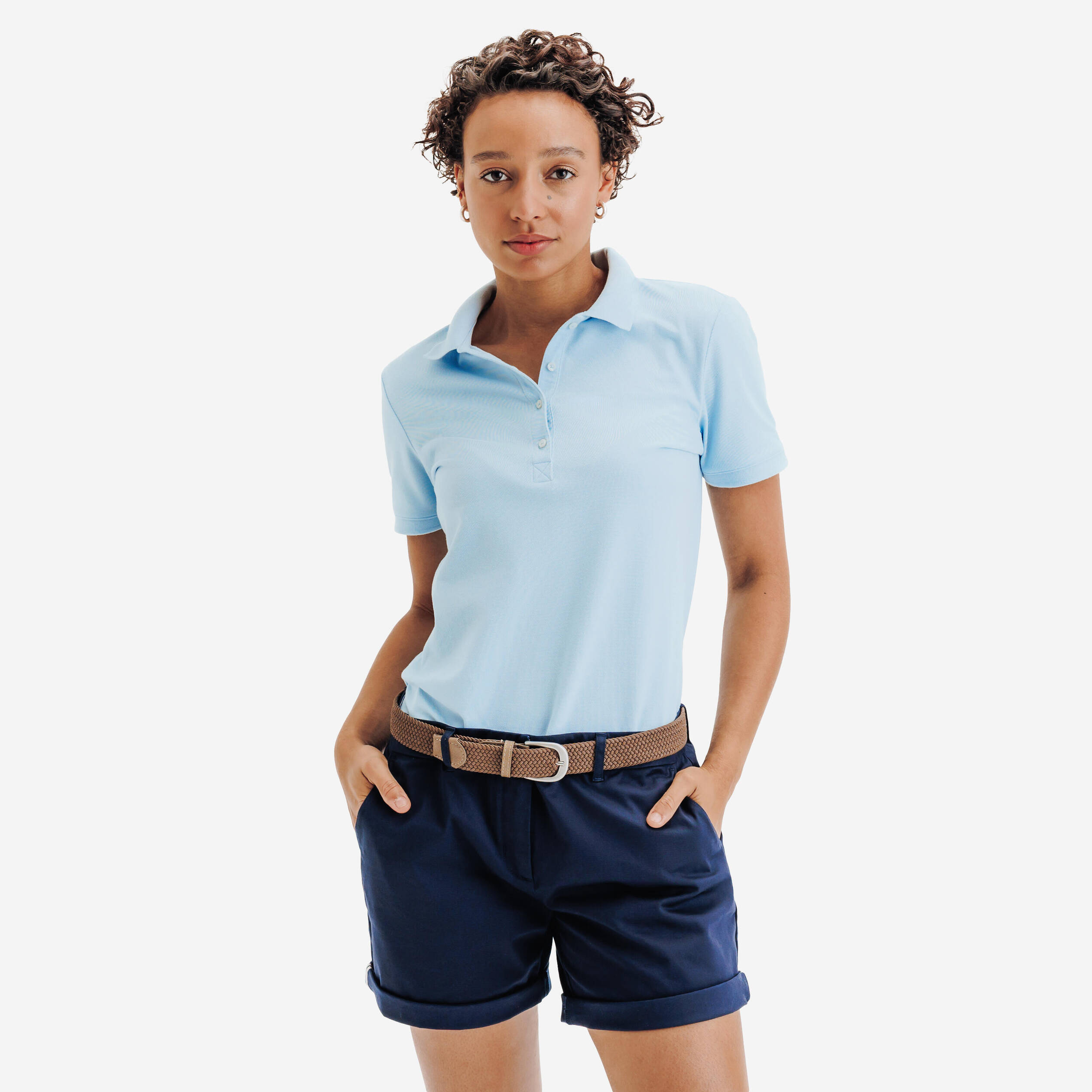 Women golf cotton and polyester short-sleeved polo shirt MW500 blue