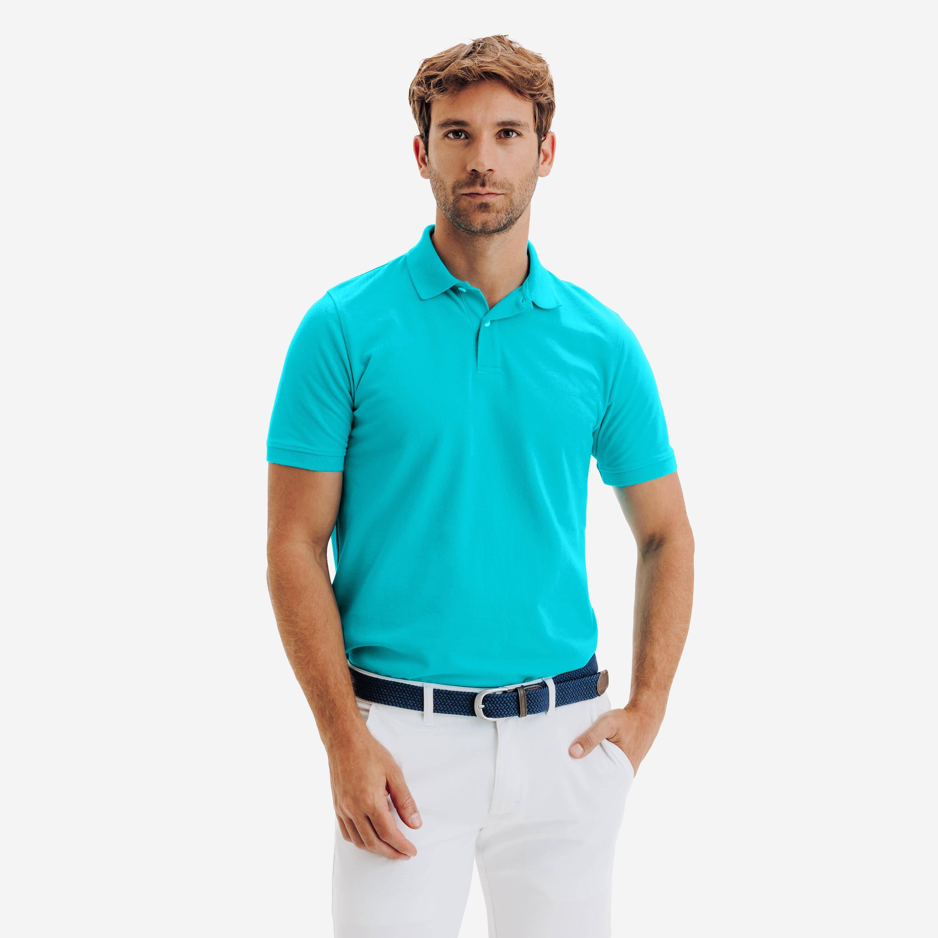 Men’s golf cotton and polyester short-sleeved polo shirt MW500 turquoise -  1