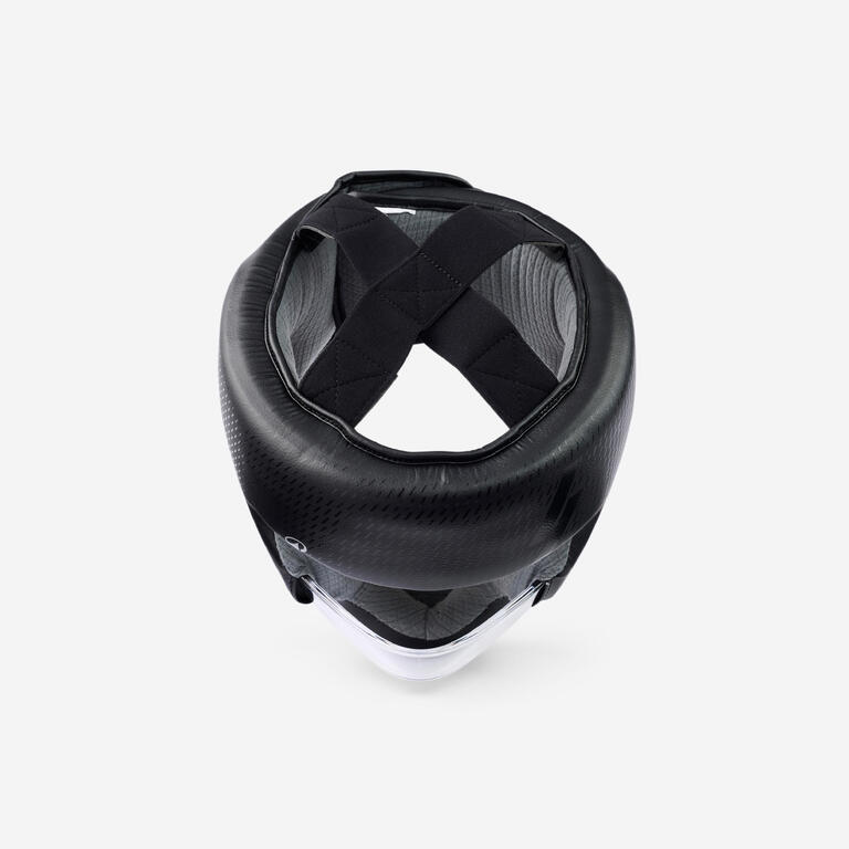 Black boxing headguard with clear face guard and padded head protection
