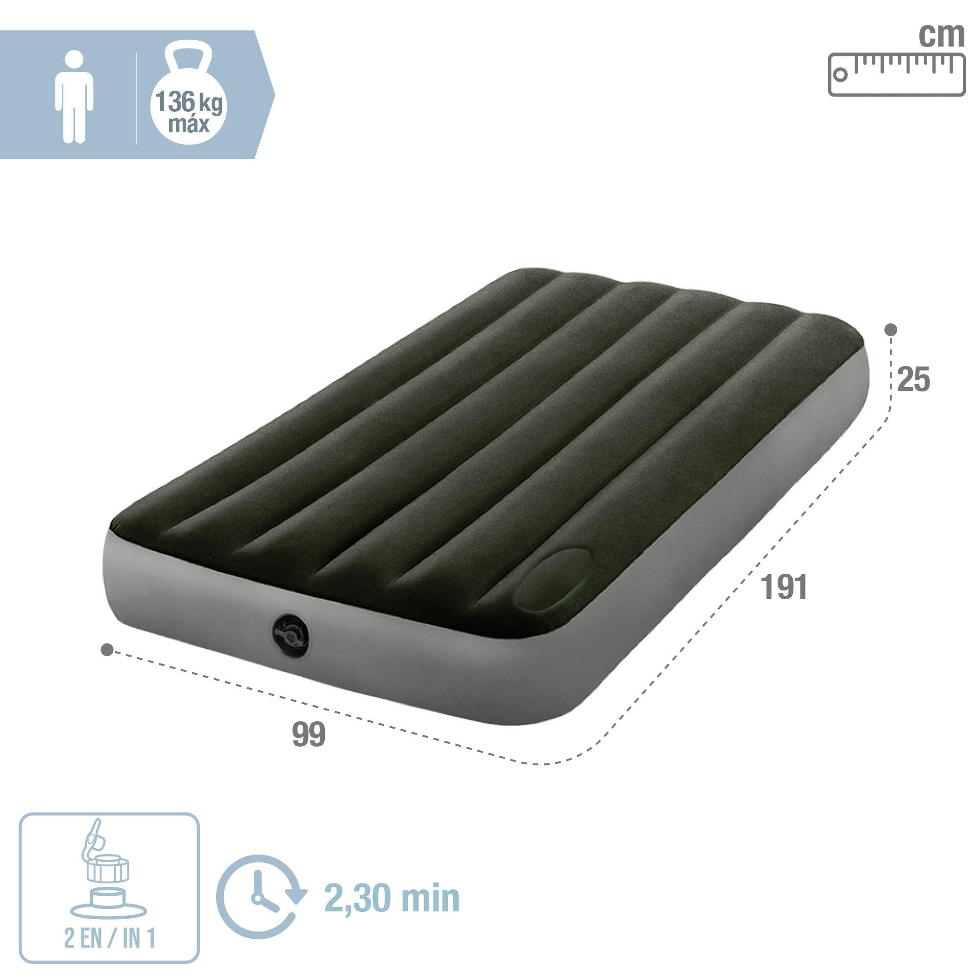 Colchón hinchable 1 plaza con bomba de pie Fiber-Tech Downy INTEX - CD 2/3