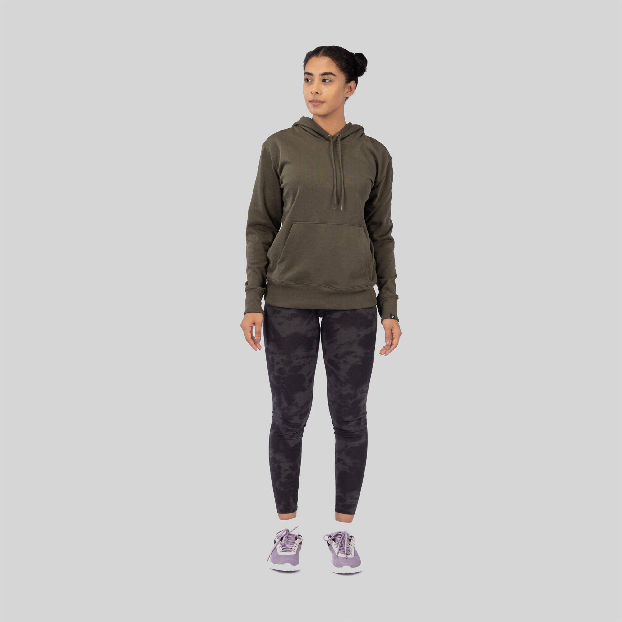 Women's Long Cotton Fitness Hoodie - Khaki Green -  2