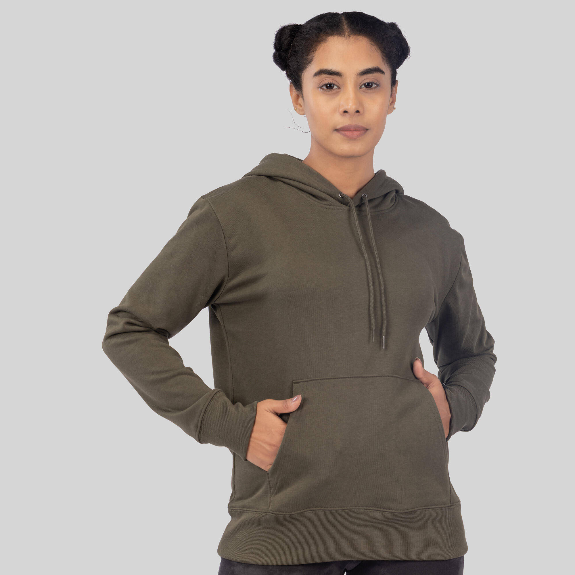 Women's Long Cotton Fitness Hoodie - Khaki Green -  5