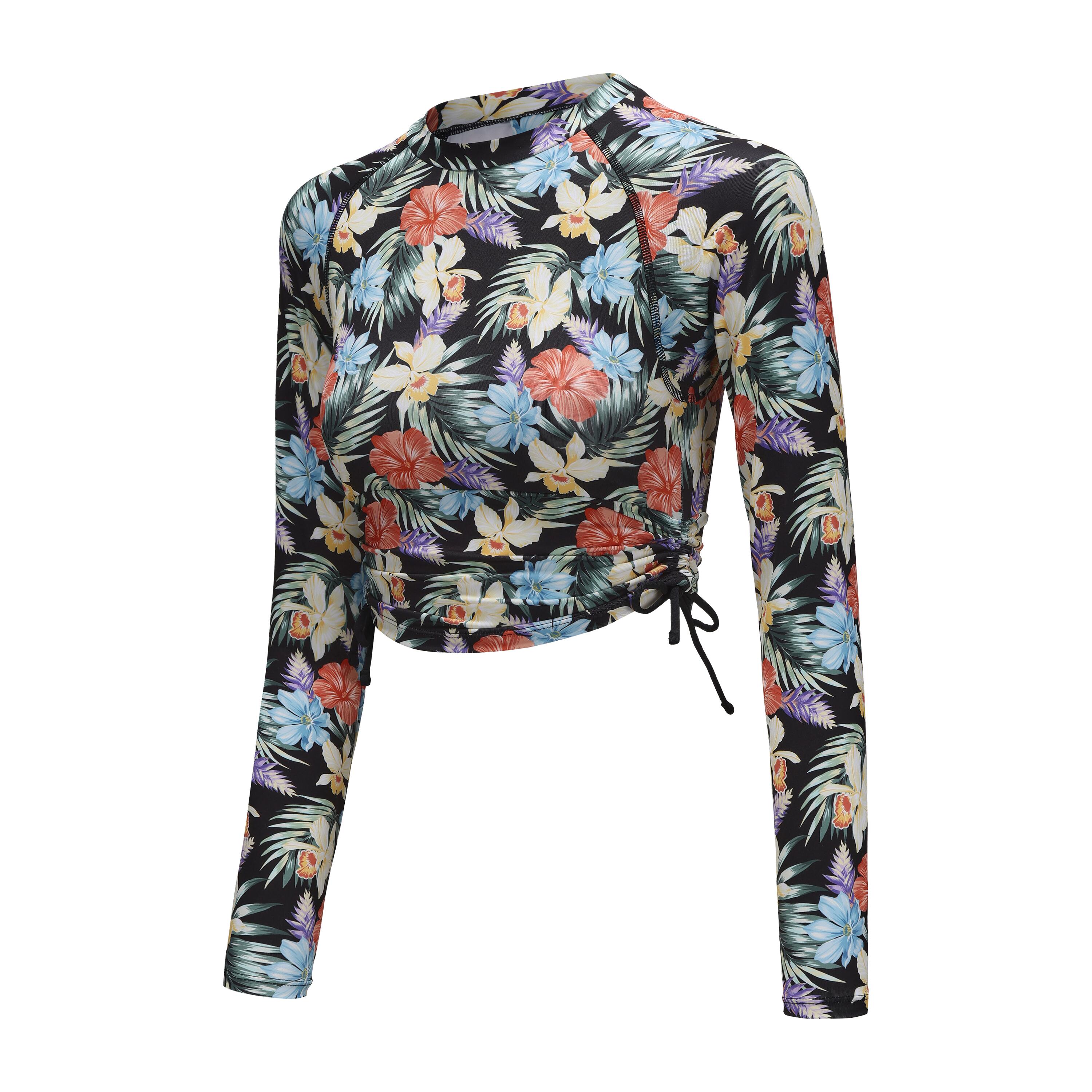olaian Women's long sleeve uv-protection surfing top 100 sunny TROPIC BLACK-picture-12
