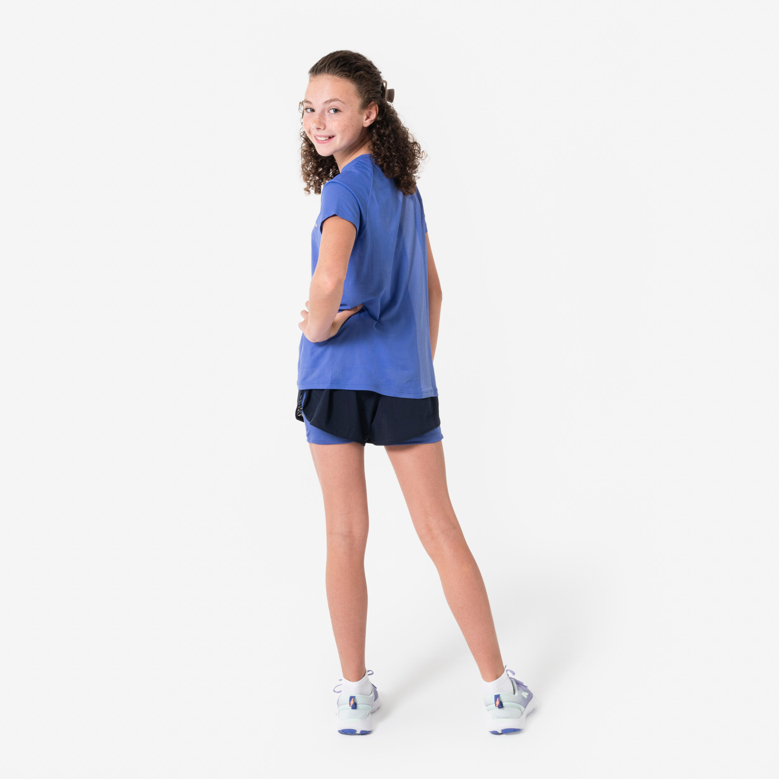 Pantalón corto running 2 en 1 transpirable niña - Kiprun dry+ 900 negro violeta  8/15