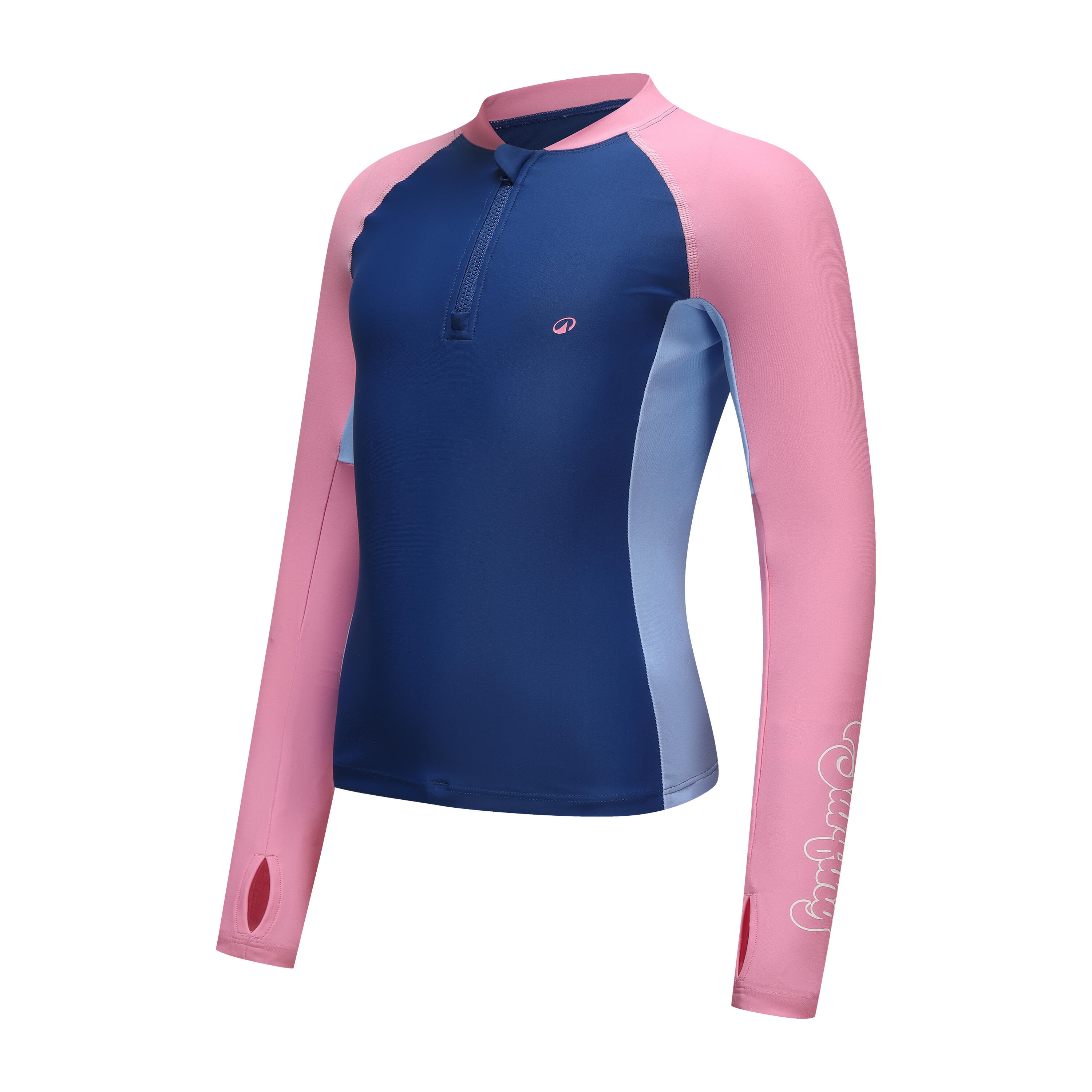 Surfing girl's uv protection long-sleeves T-shirt 500 SLIM ZIP -ICE CREAM PINK