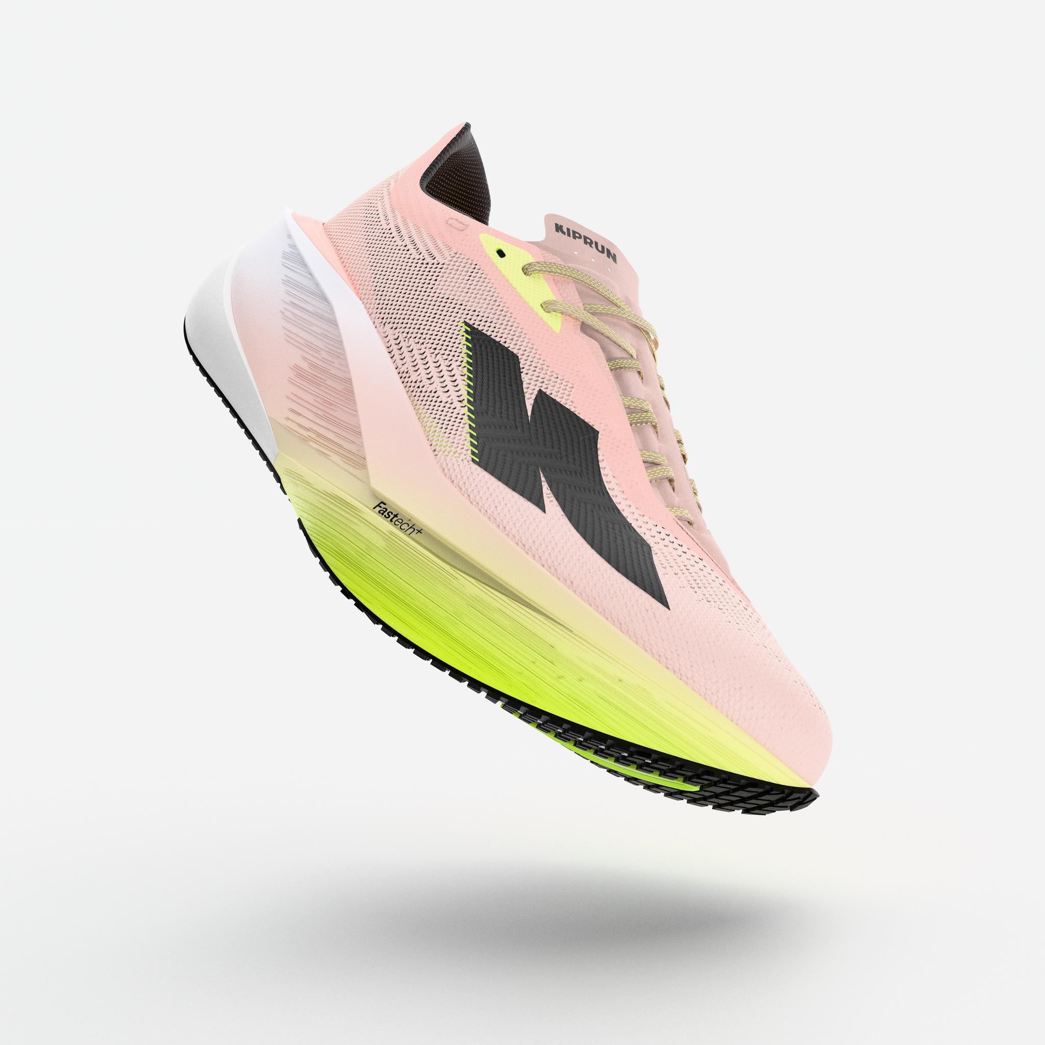 Chaussures de running route femme, Kiprun Kipstorm tempo rose jaune 5/9