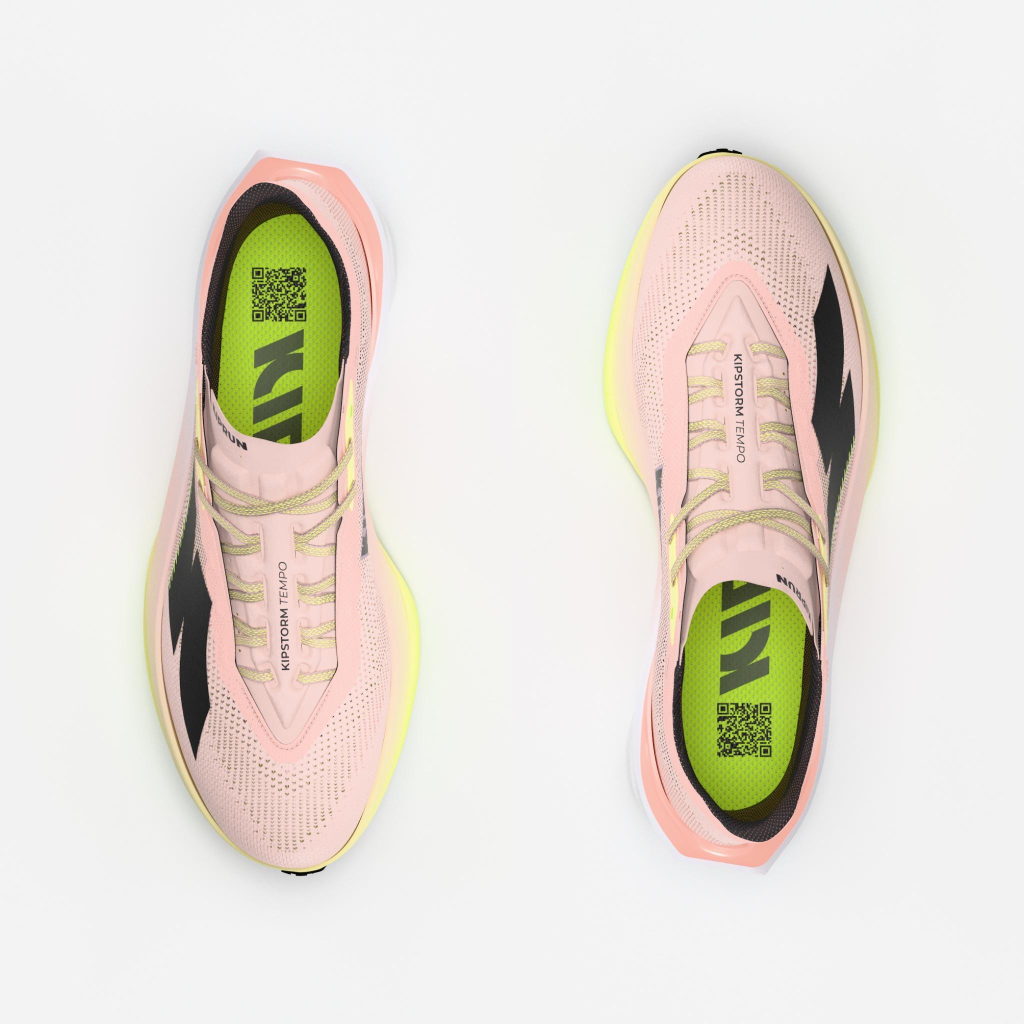 Chaussures de running route femme, Kiprun Kipstorm tempo rose jaune 7/9