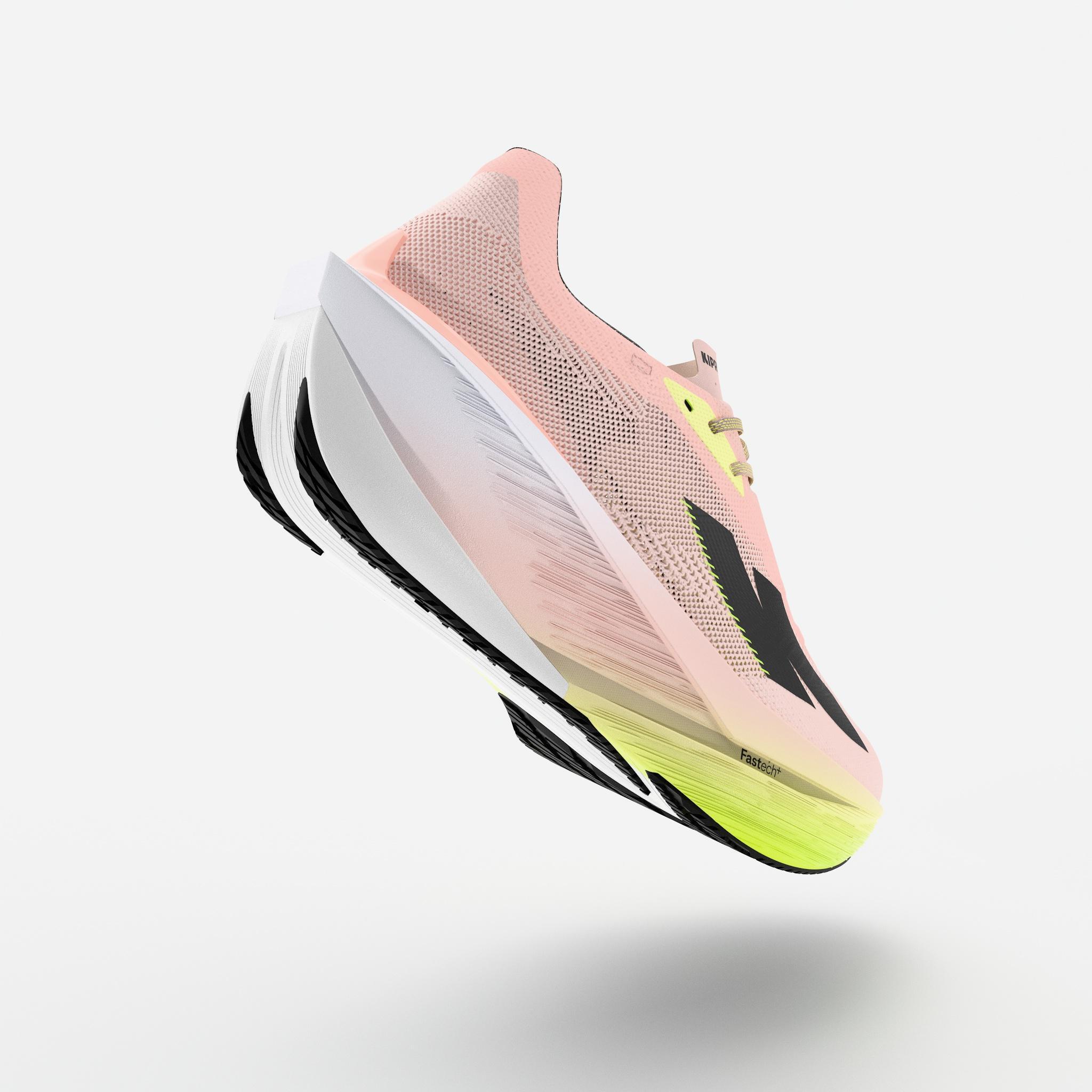 Chaussures de running route femme, Kiprun Kipstorm tempo rose jaune 4/9