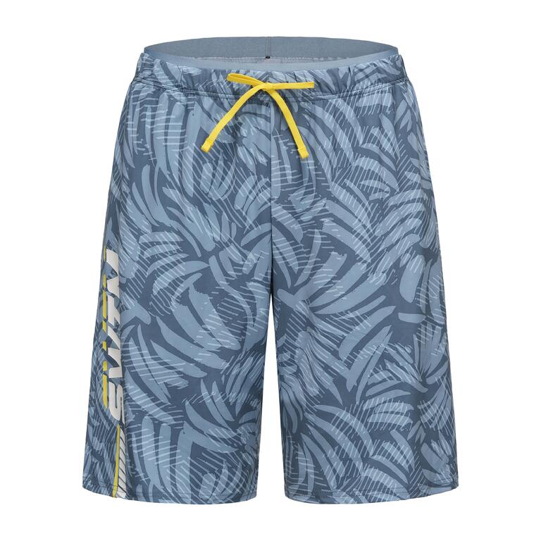 Blue-grey palm print swim shorts with yellow drawstring waistband.