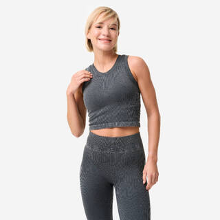 Short, seamless ribbed tank top with built-in bra, grey with a washed-out effect