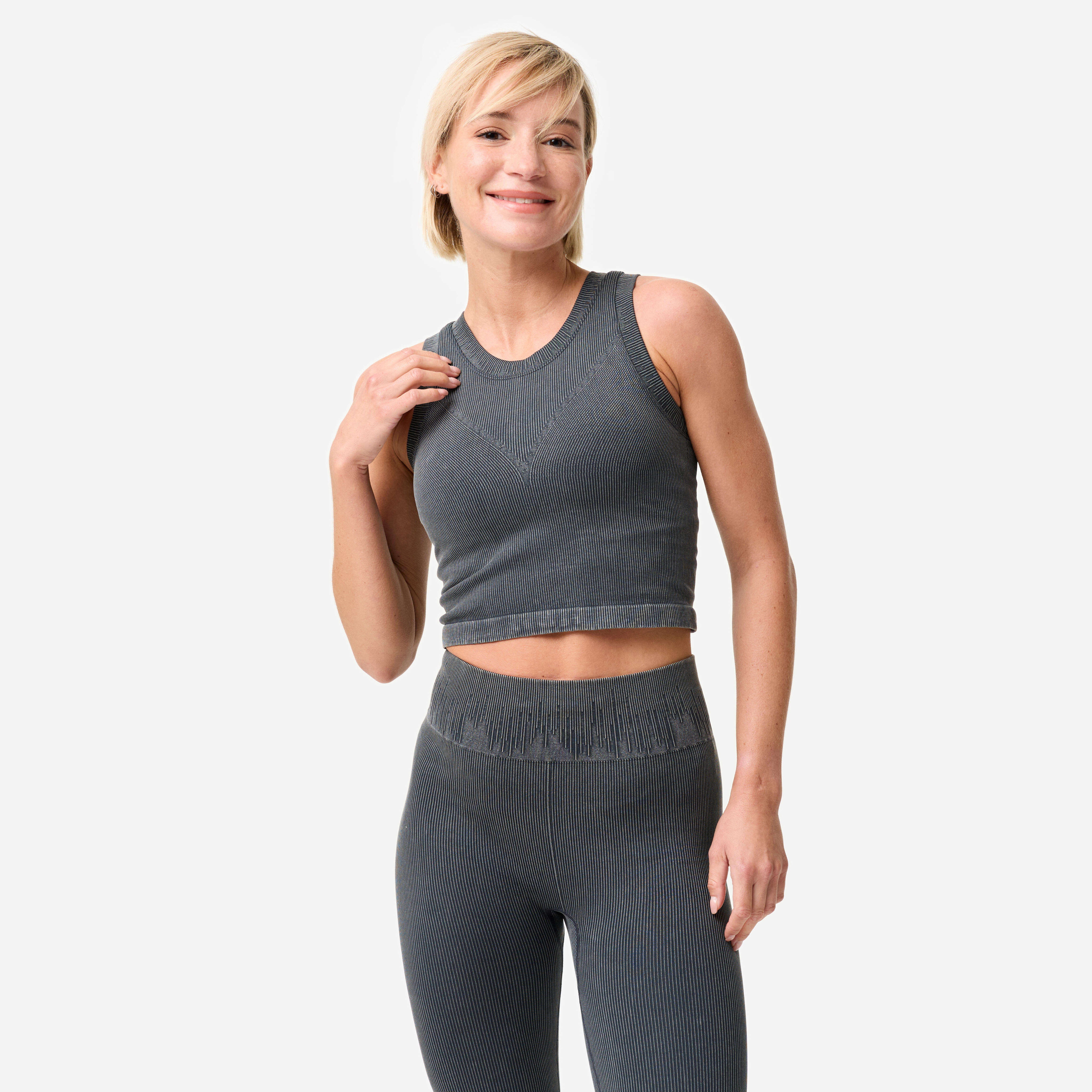 Women's Short Ribbed Tank Top with Built-In Bra - Faded Grey