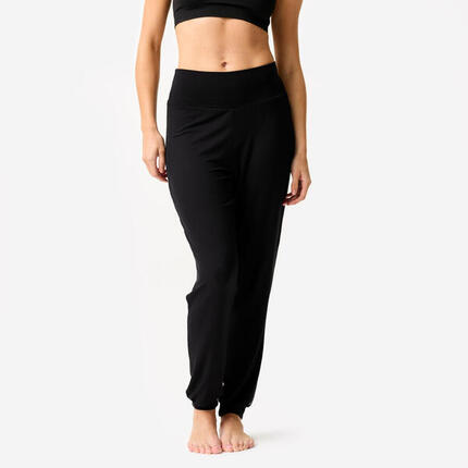 Pantalon danse moderne, fluide taille haute ceinture plate femme, noir