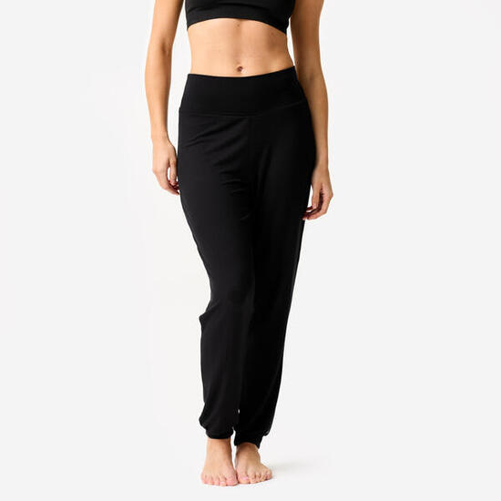 Pantalon danse moderne, fluide taille haute ceinture plate femme, noir