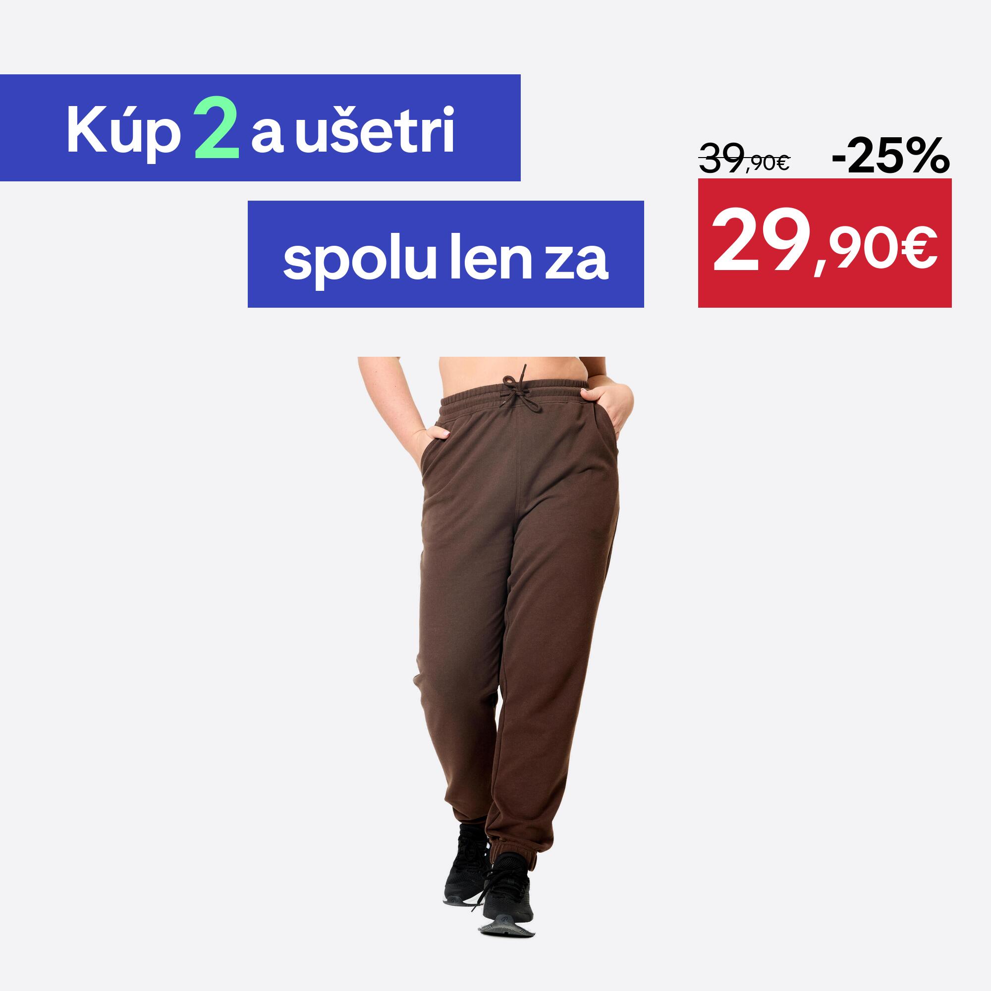 DOMYOS Dámske fitness tepláky 500 Essentials rovné hnedé S W28 L31