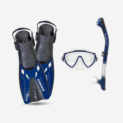 Kit snorkeling TINO pinne-maschera-boccaggio asciutto nero-azzurro