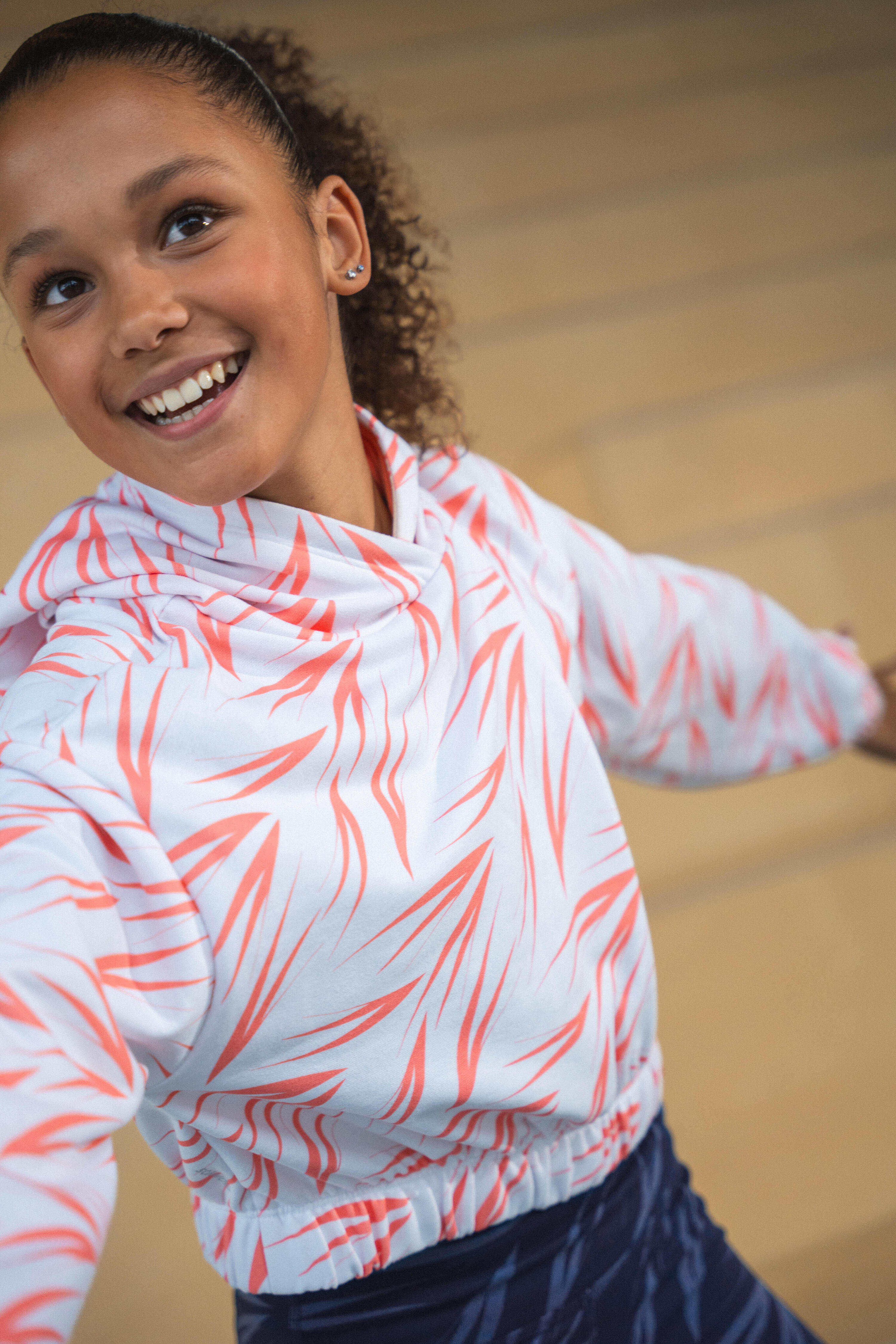 Sweat danse moderne, crop à capuche fille, blanc imprimé corail 8/10