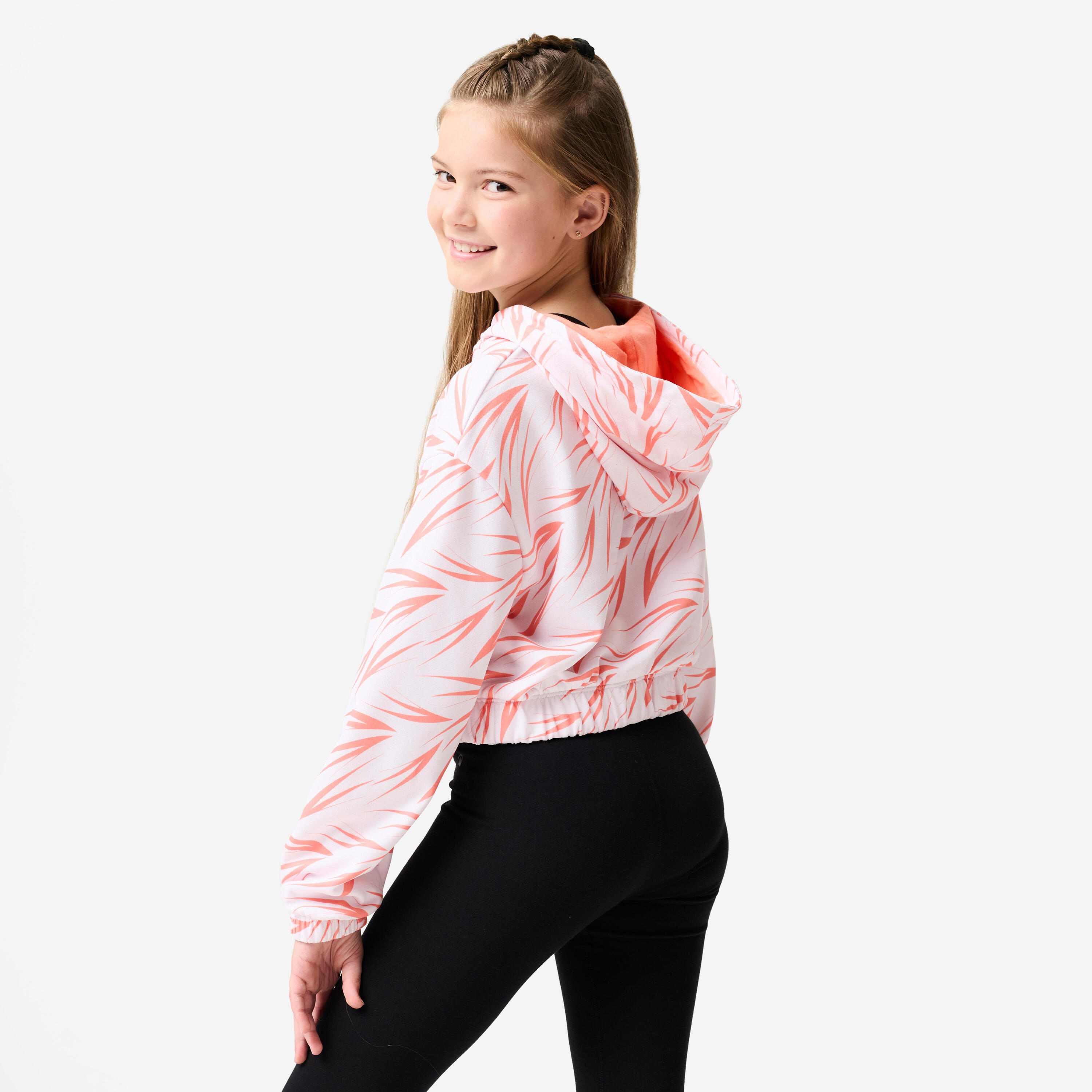 Sweat danse moderne, crop à capuche fille, blanc imprimé corail 4/10