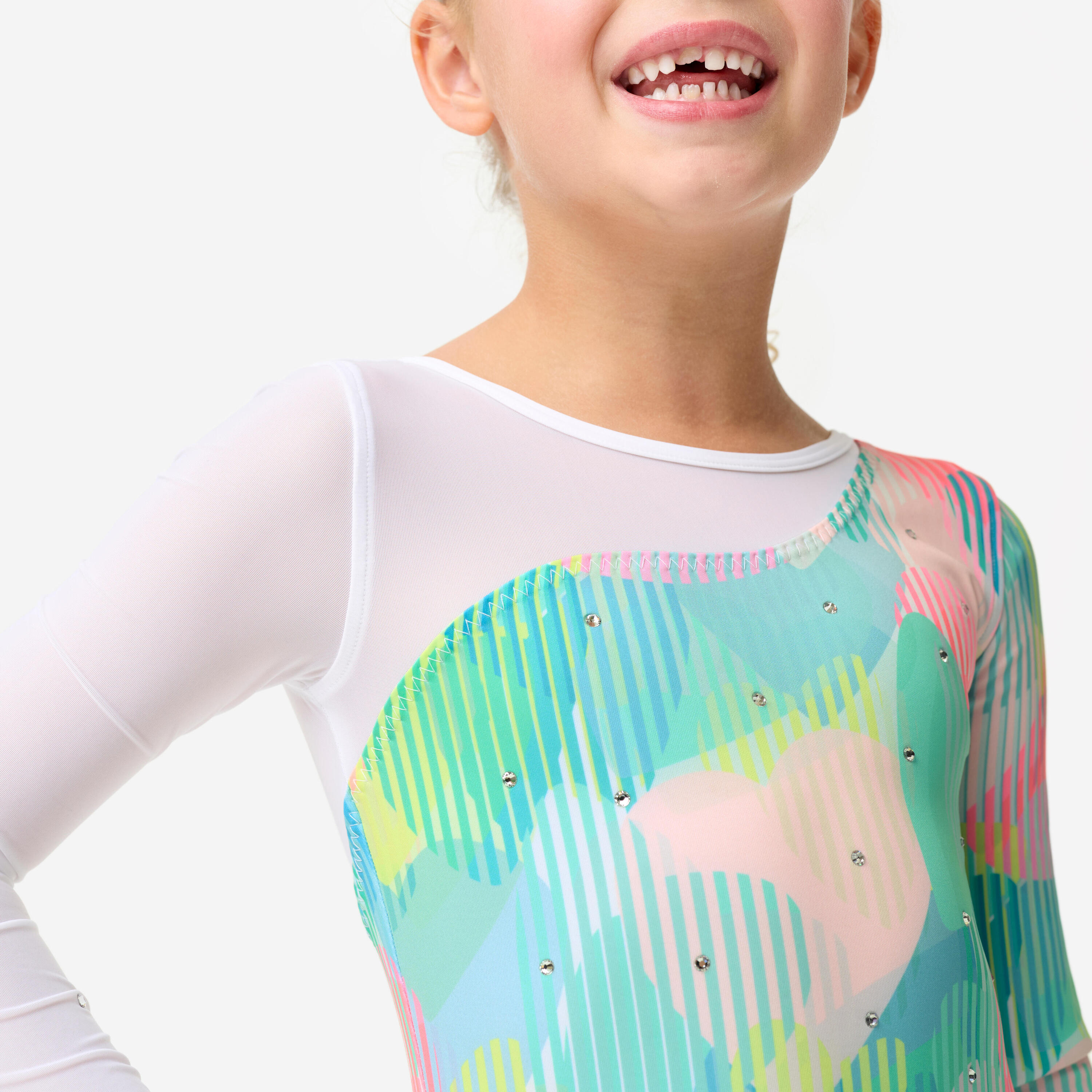 Justaucorps gym manches longues à strass fille, motif coeur bleu turquoise 3/11