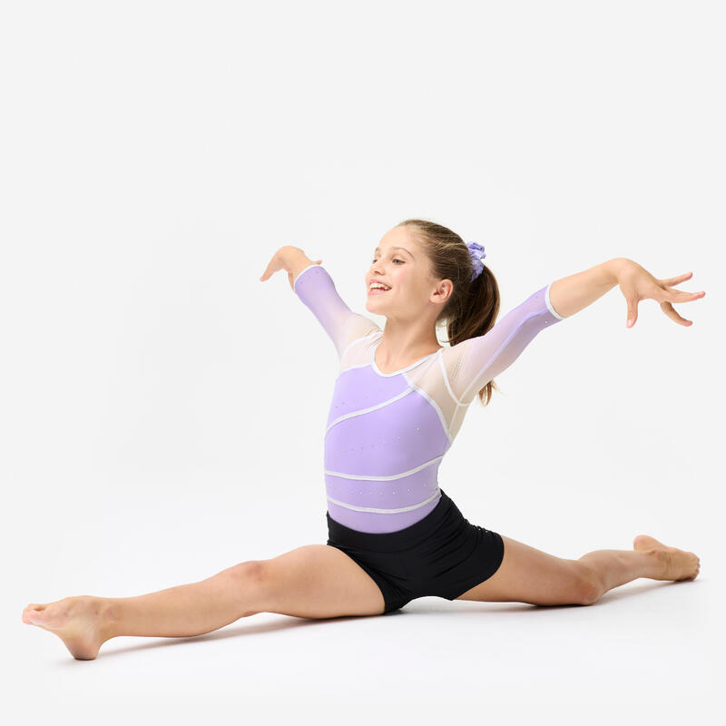 Body de gimnastică, mâneci trei sferturi, paiete cu ștrasuri Mov Fete