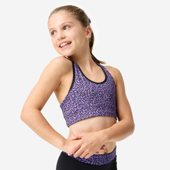 Brassière de gym respirante fille, imprimé léopard noire et violette