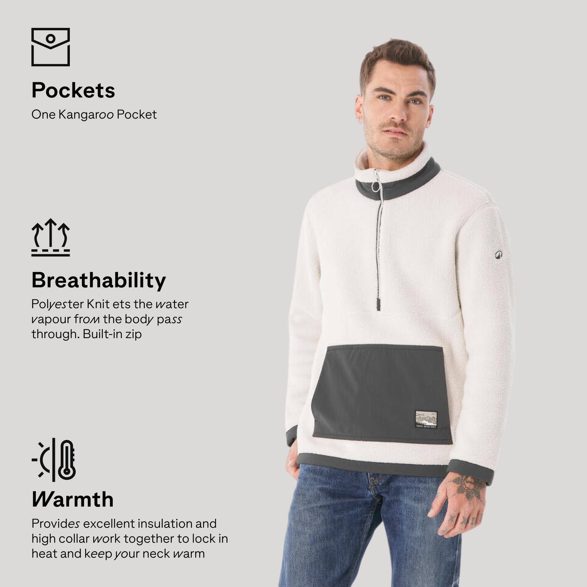 Men’s Sherpa-style mountain hiking fleece jacket, MH100 Half Zip - Beige -  4