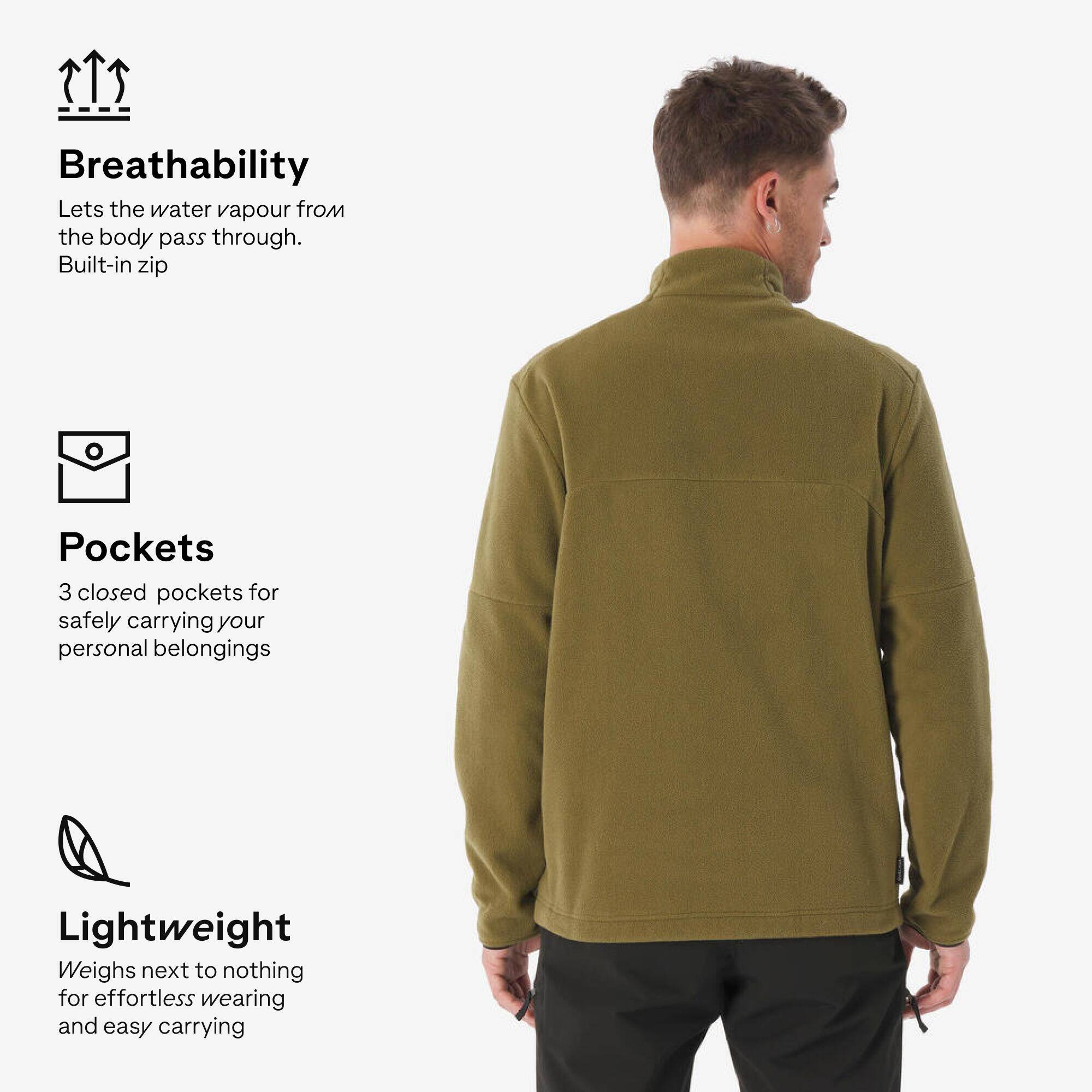 Men’s mountain hiking fleece jacket, MH500 Full Zip Pocket - Khaki -  4