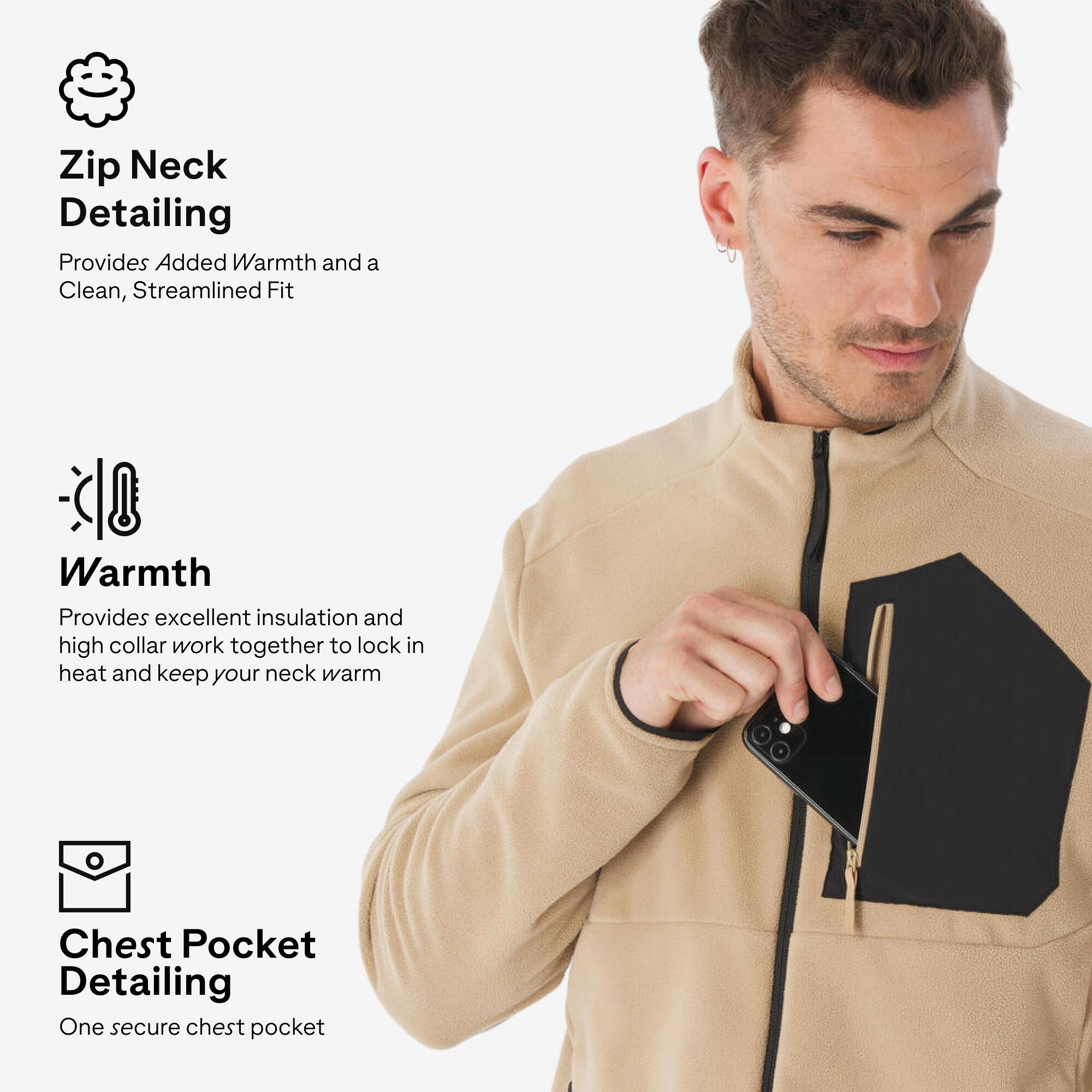 Men’s mountain hiking fleece jacket, MH500 Full Zip Pocket - Beige