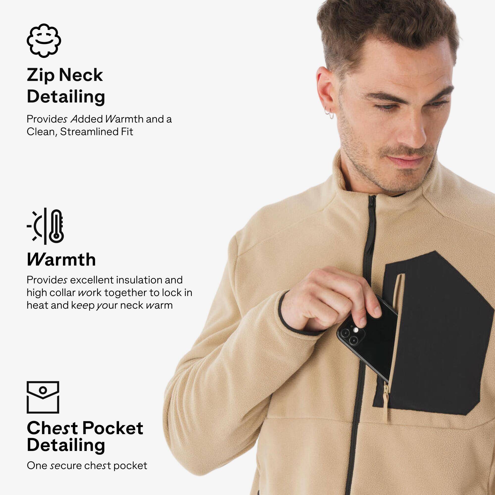 Men’s mountain hiking fleece jacket, MH500 Full Zip Pocket - Beige -  4