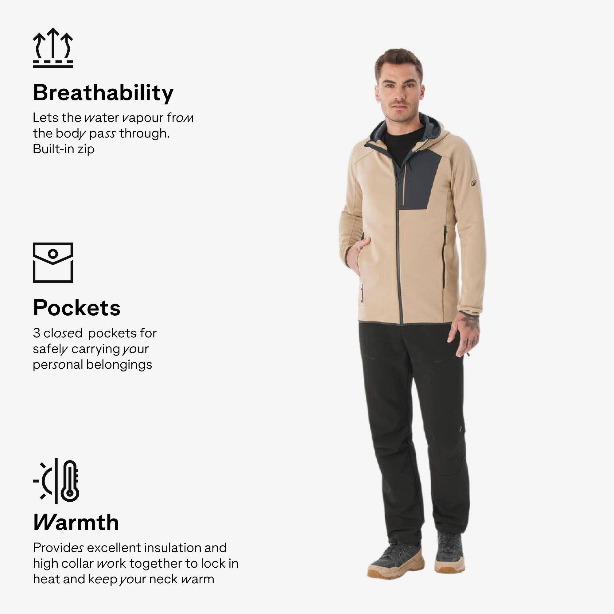 Men’s mountain hiking fleece jacket, MH500 Full Zip - Beige -  3