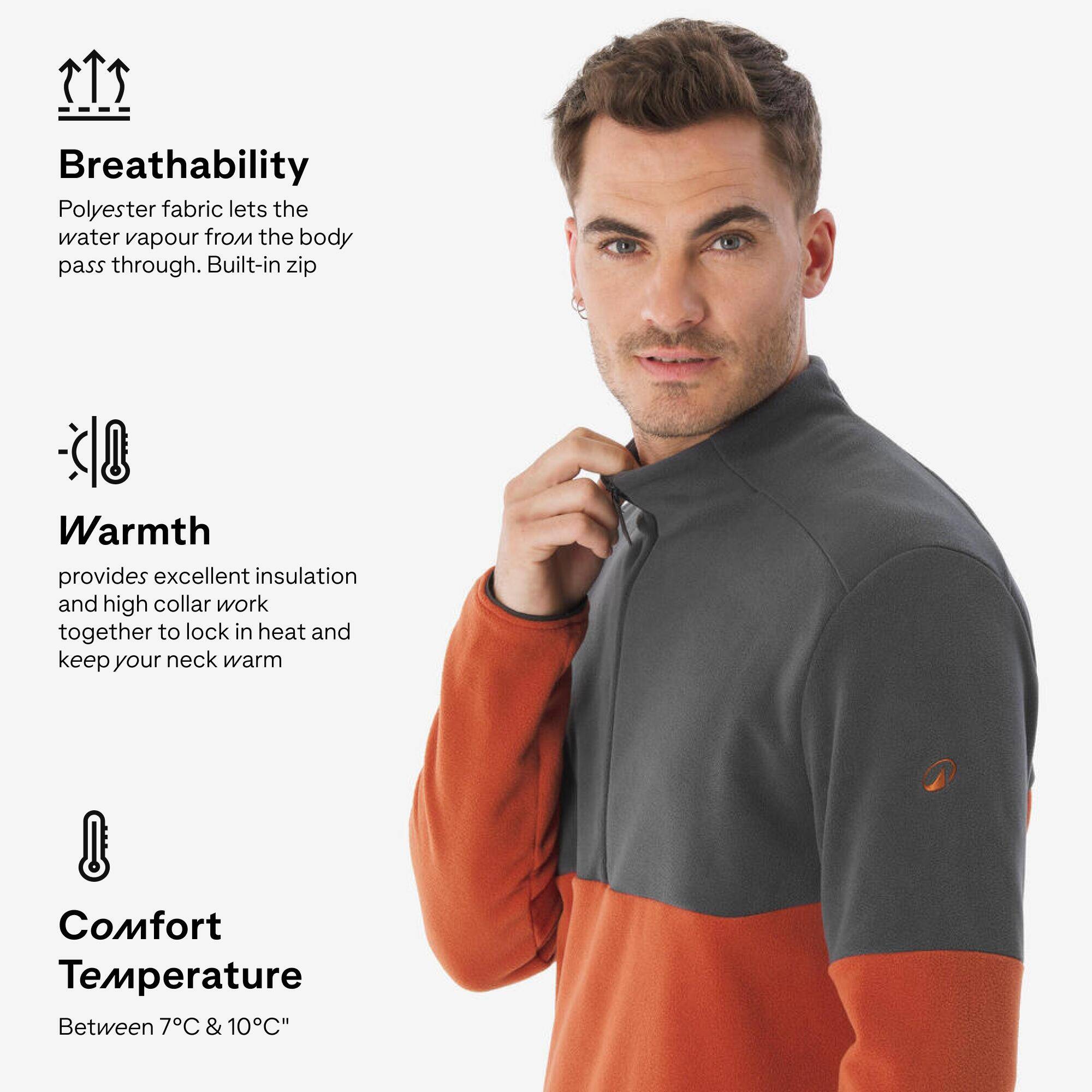 Men’s mountain hiking fleece jacket, MH500 Half Zip - Brown -  3